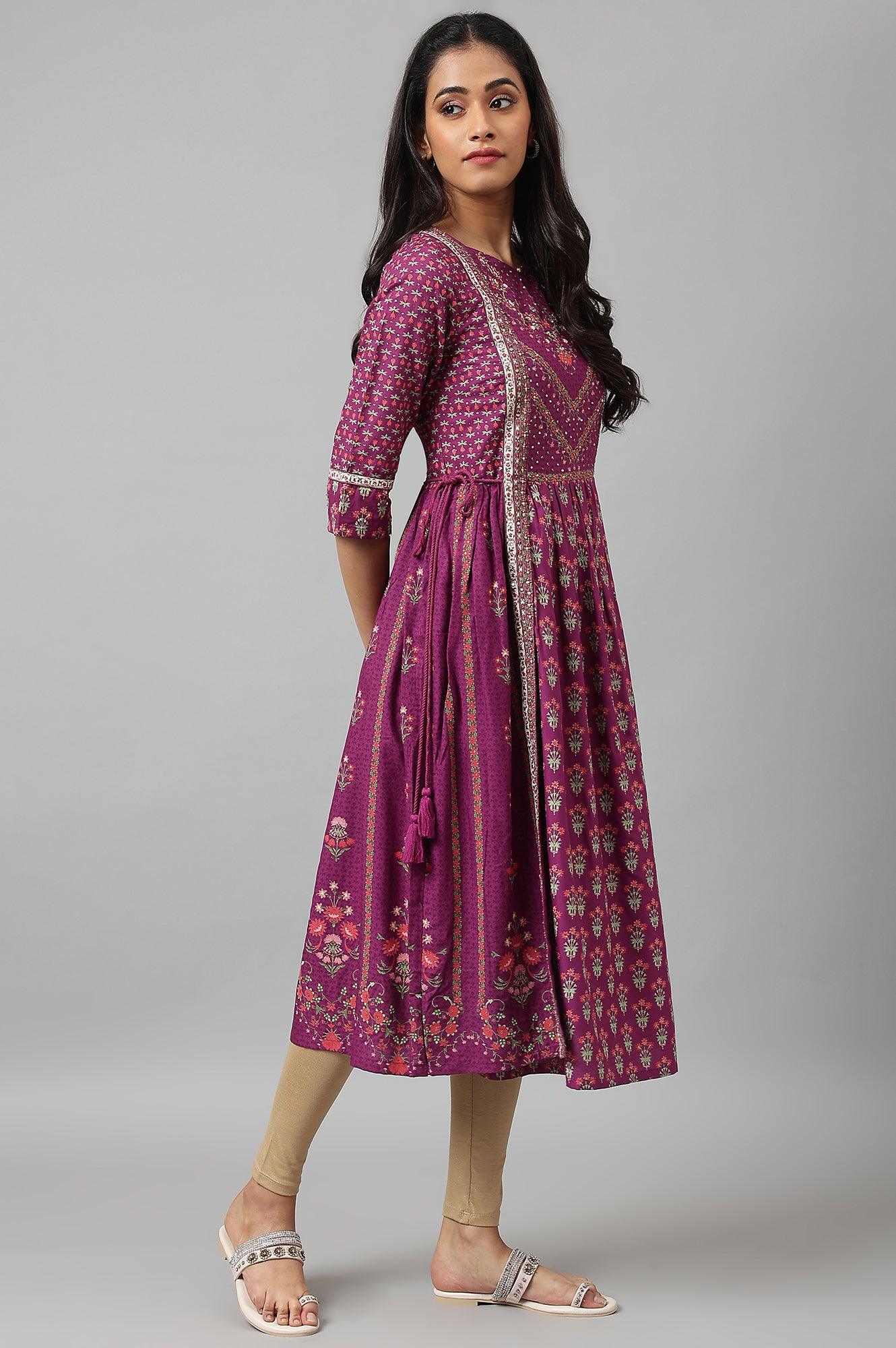 Dark Purple Flared Dress With Floral Print And Sequins - Image 7