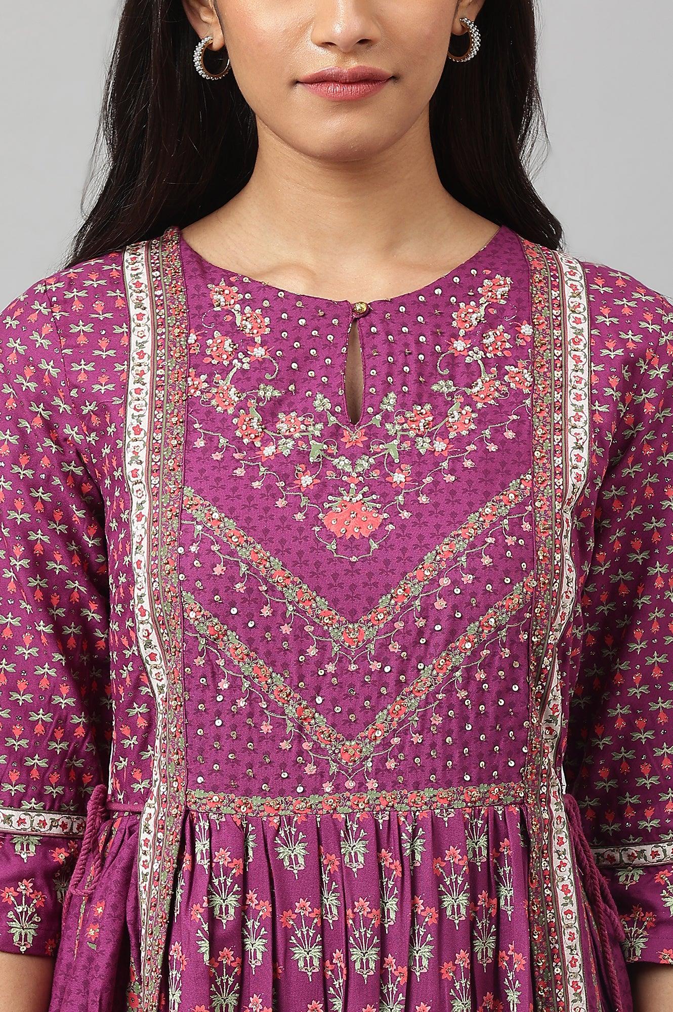 Dark Purple Flared Dress With Floral Print And Sequins - Image 9