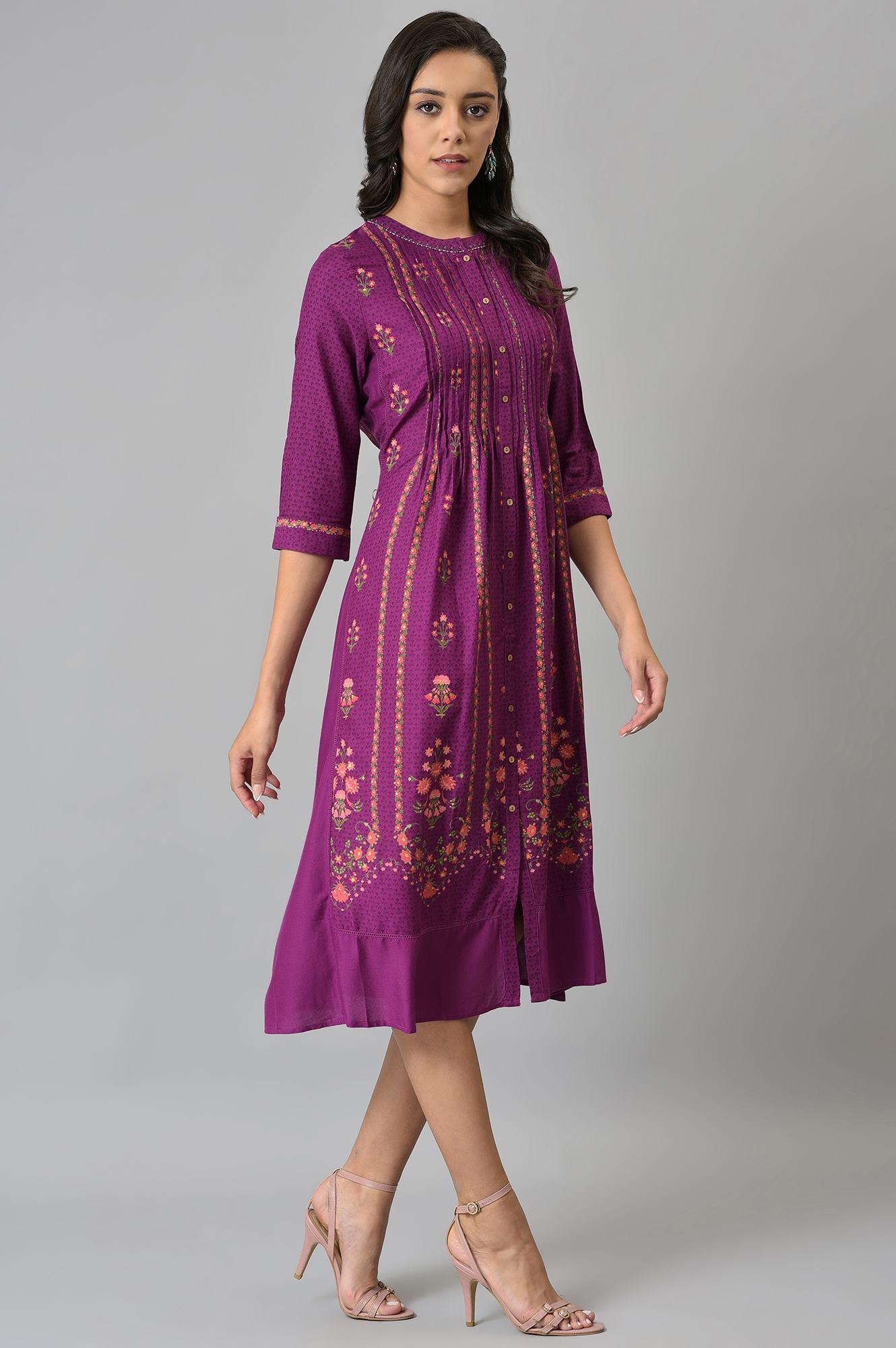 Dark Purple Floral Button Down Dress With Bead Work - Image 4
