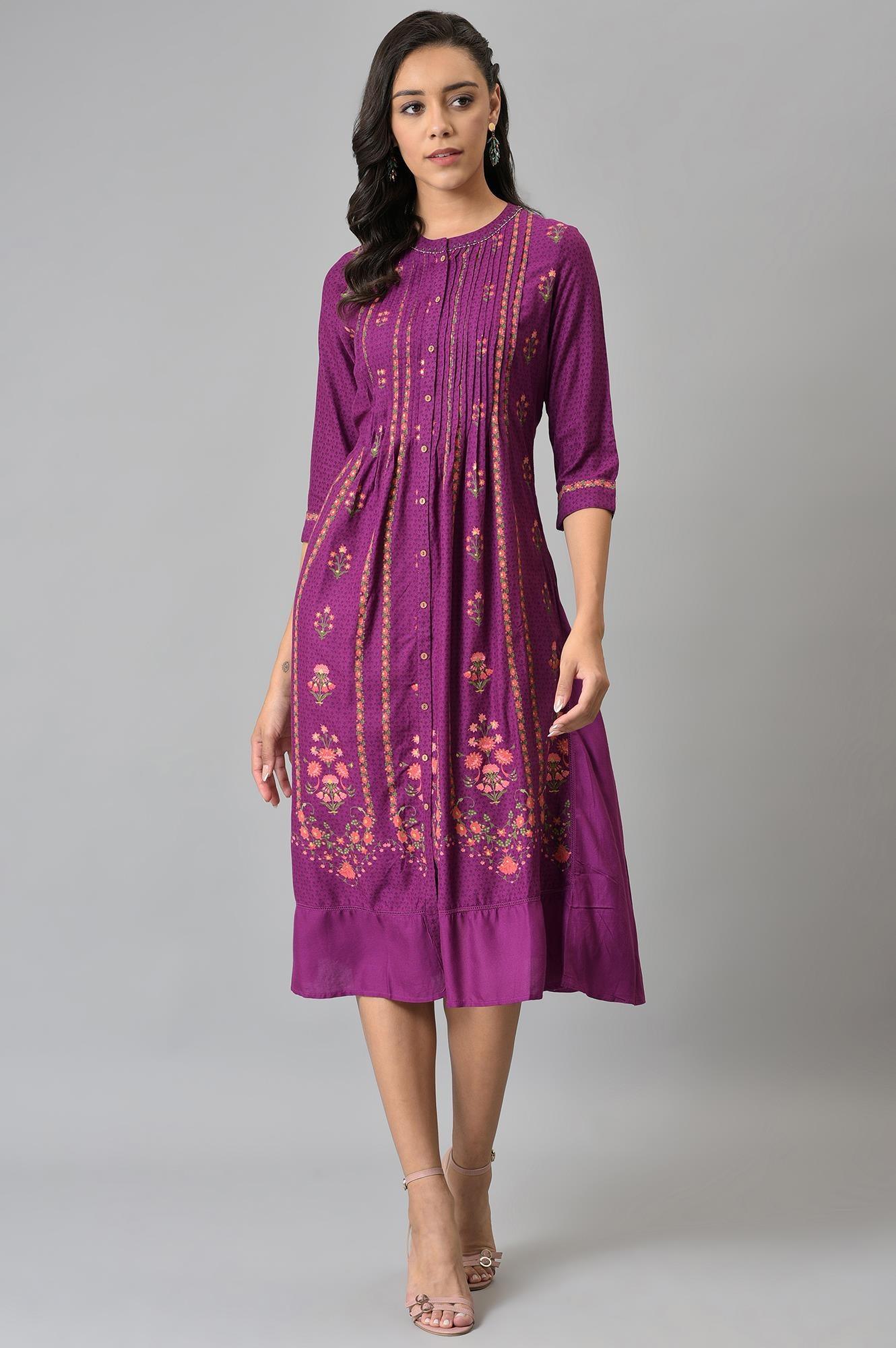 Dark Purple Floral Button Down Dress With Bead Work - Image 5