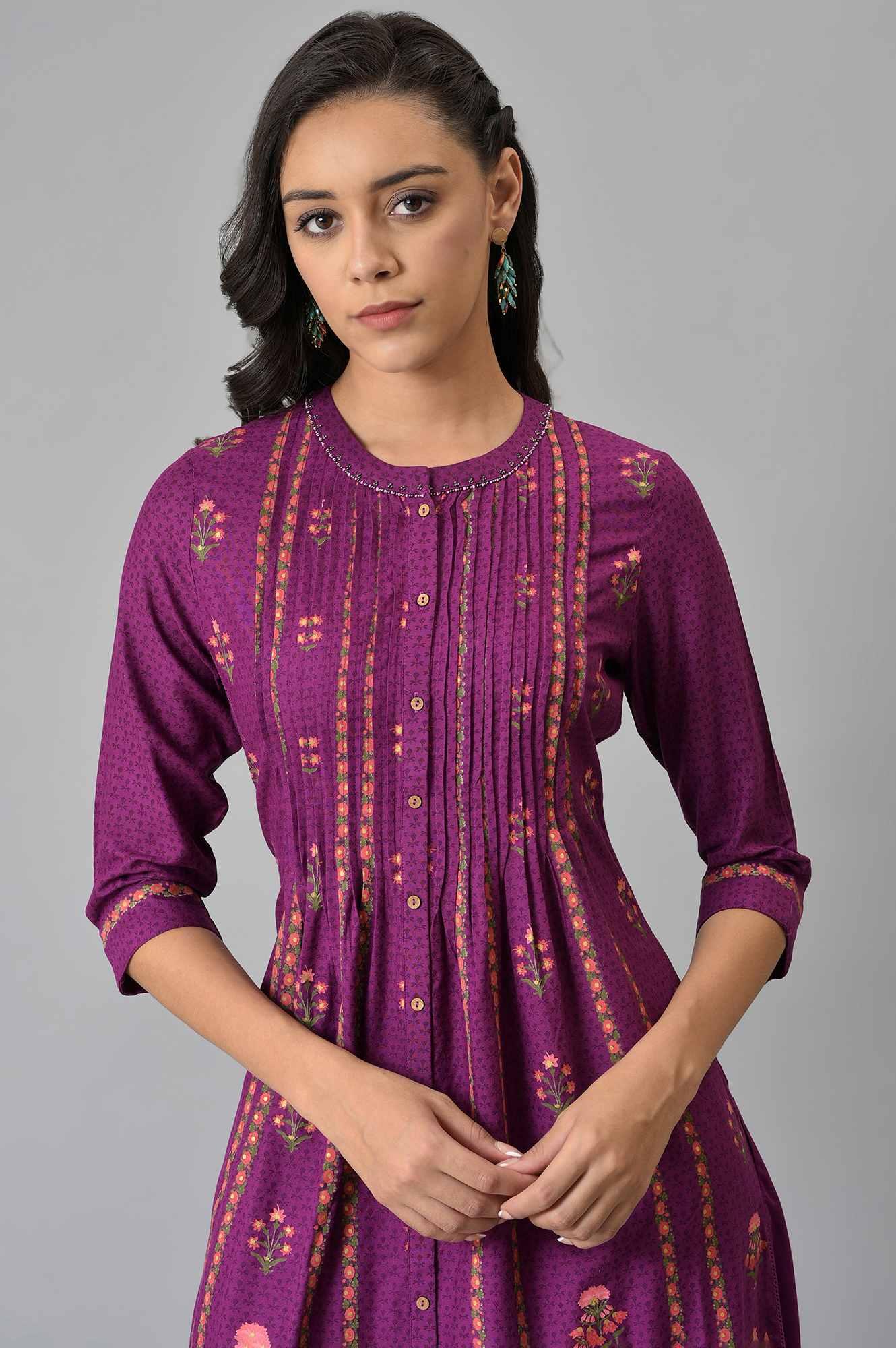 Dark Purple Floral Button Down Dress With Bead Work - Image 6
