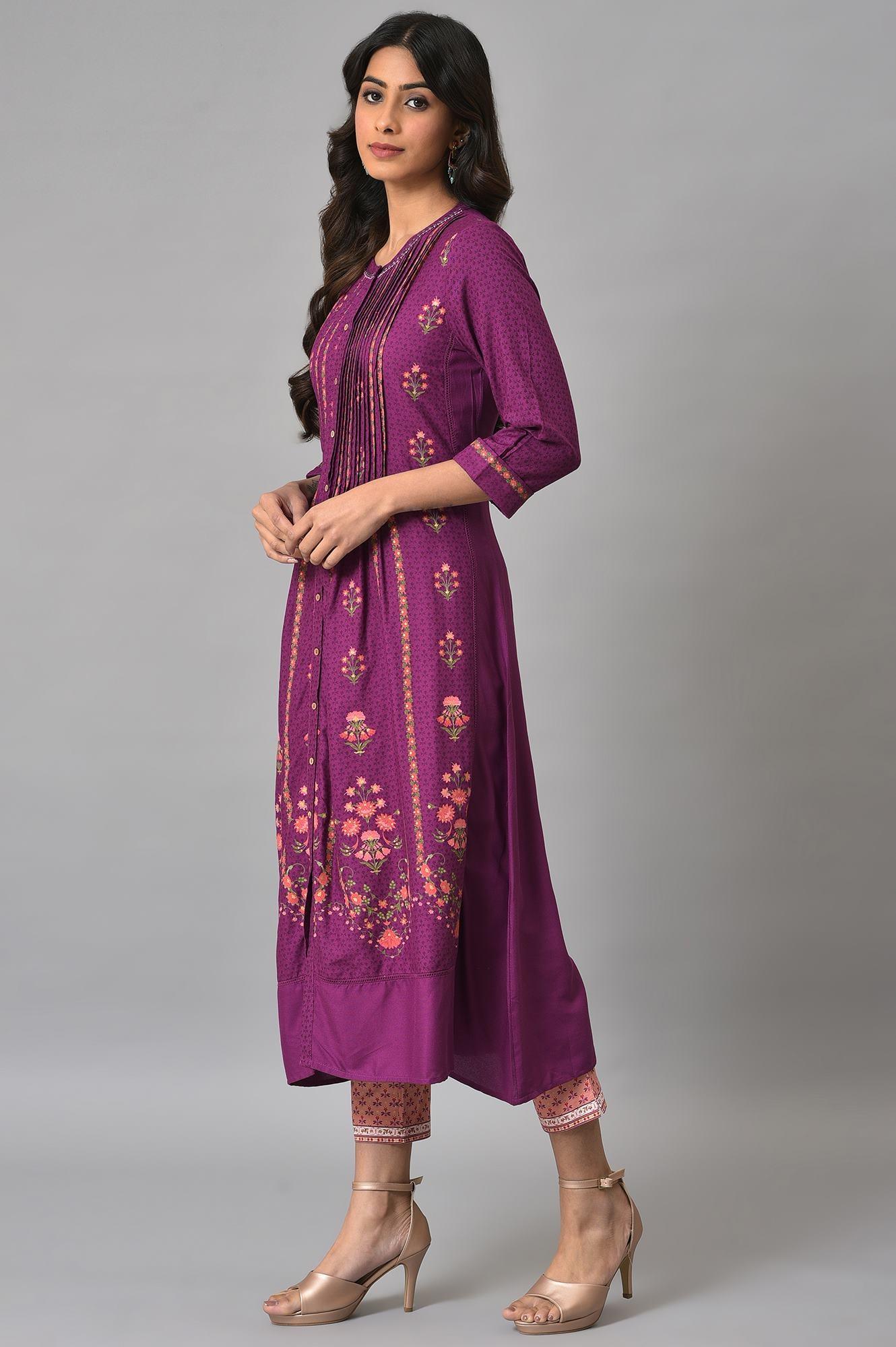 Dark Purple Floral Button Down Dress With Printed Slim Pants - Image 3
