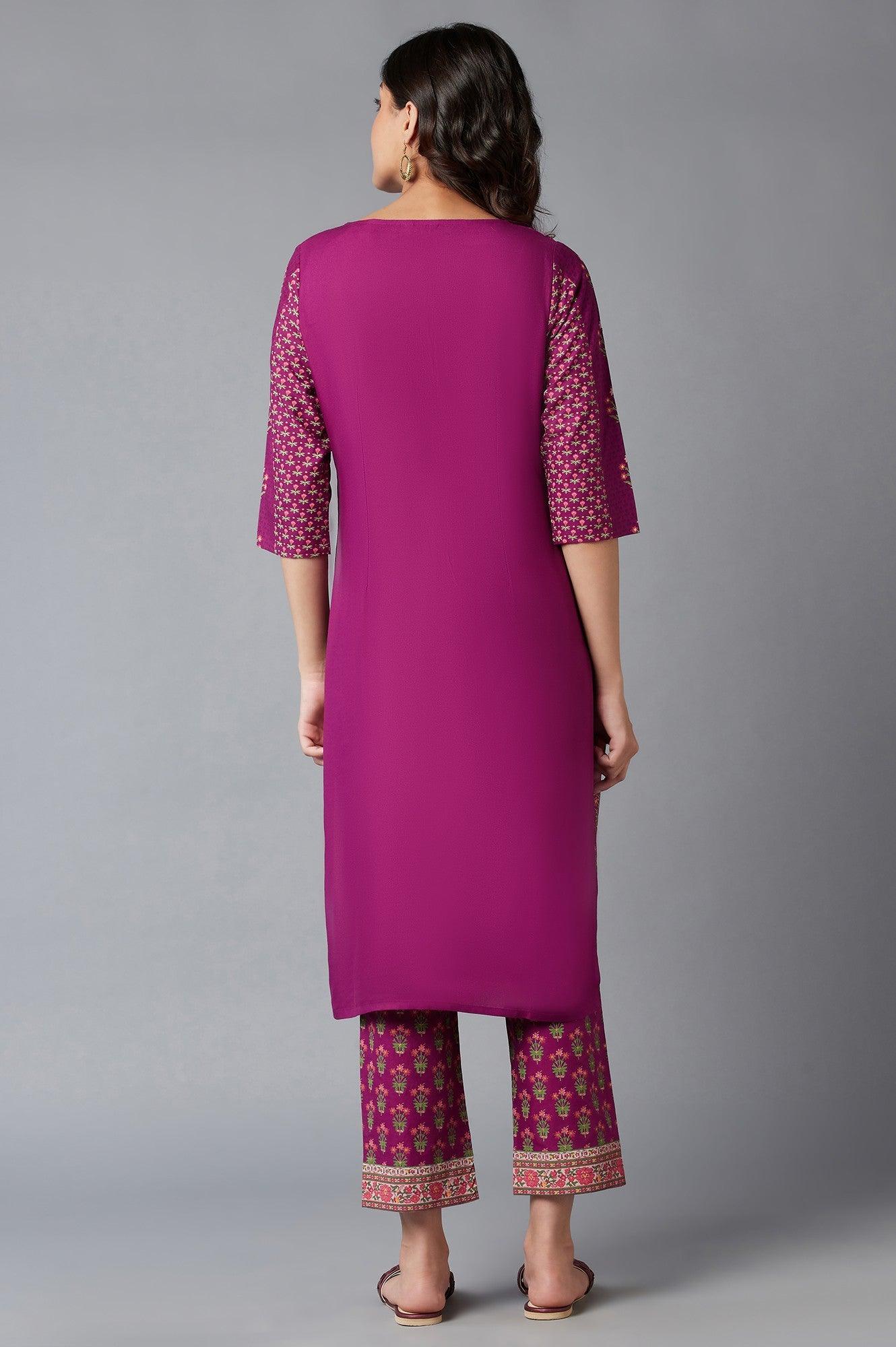 Dark Purple Floral Print kurta With Thread Embroidery - Image 2