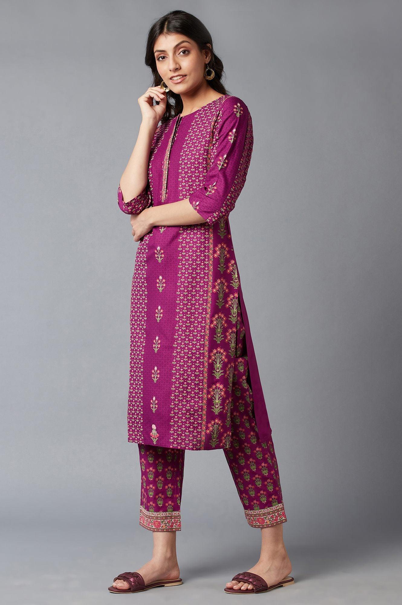 Dark Purple Floral Print kurta With Thread Embroidery - Image 3