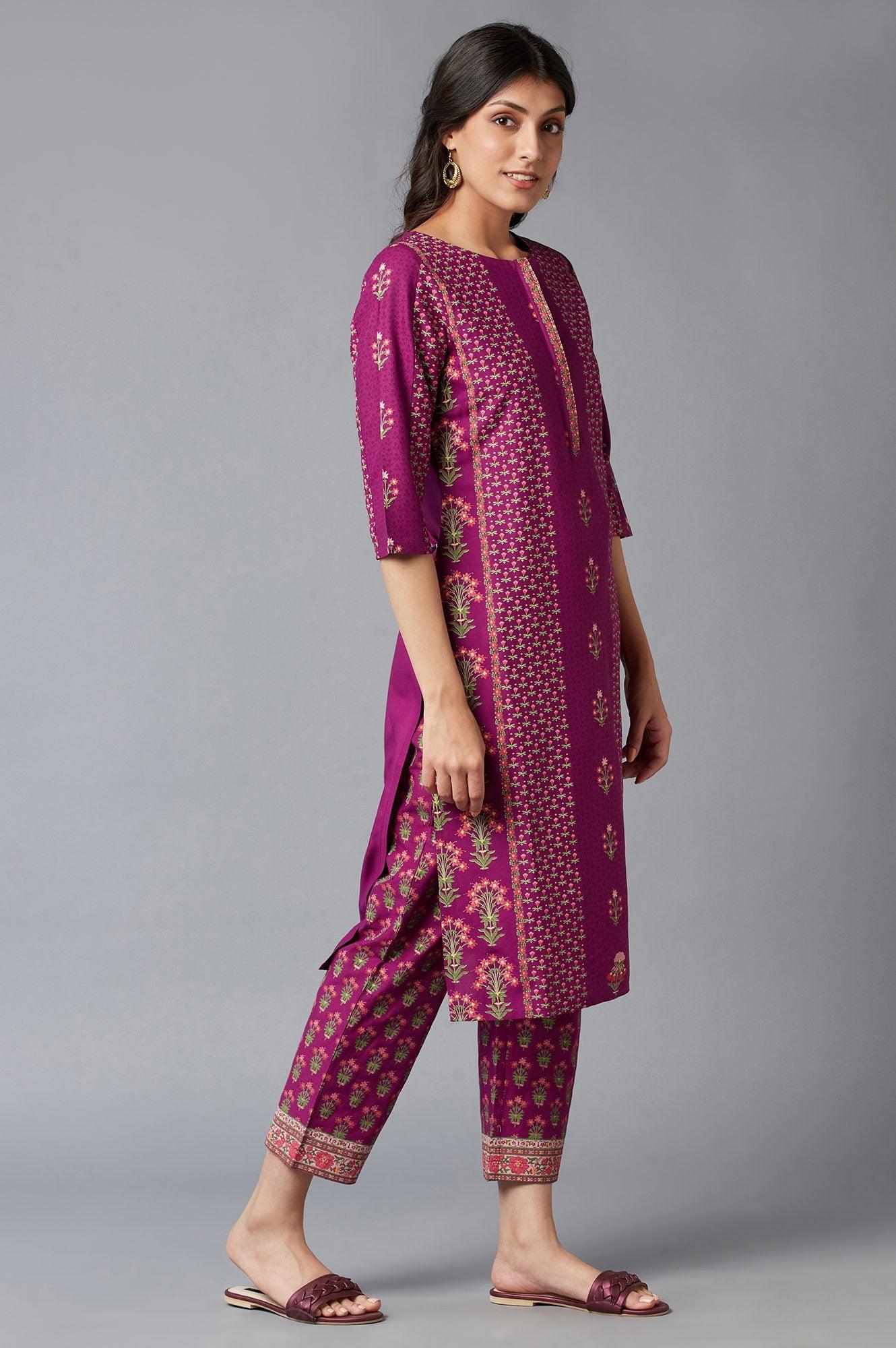 Dark Purple Floral Print kurta With Thread Embroidery - Image 4