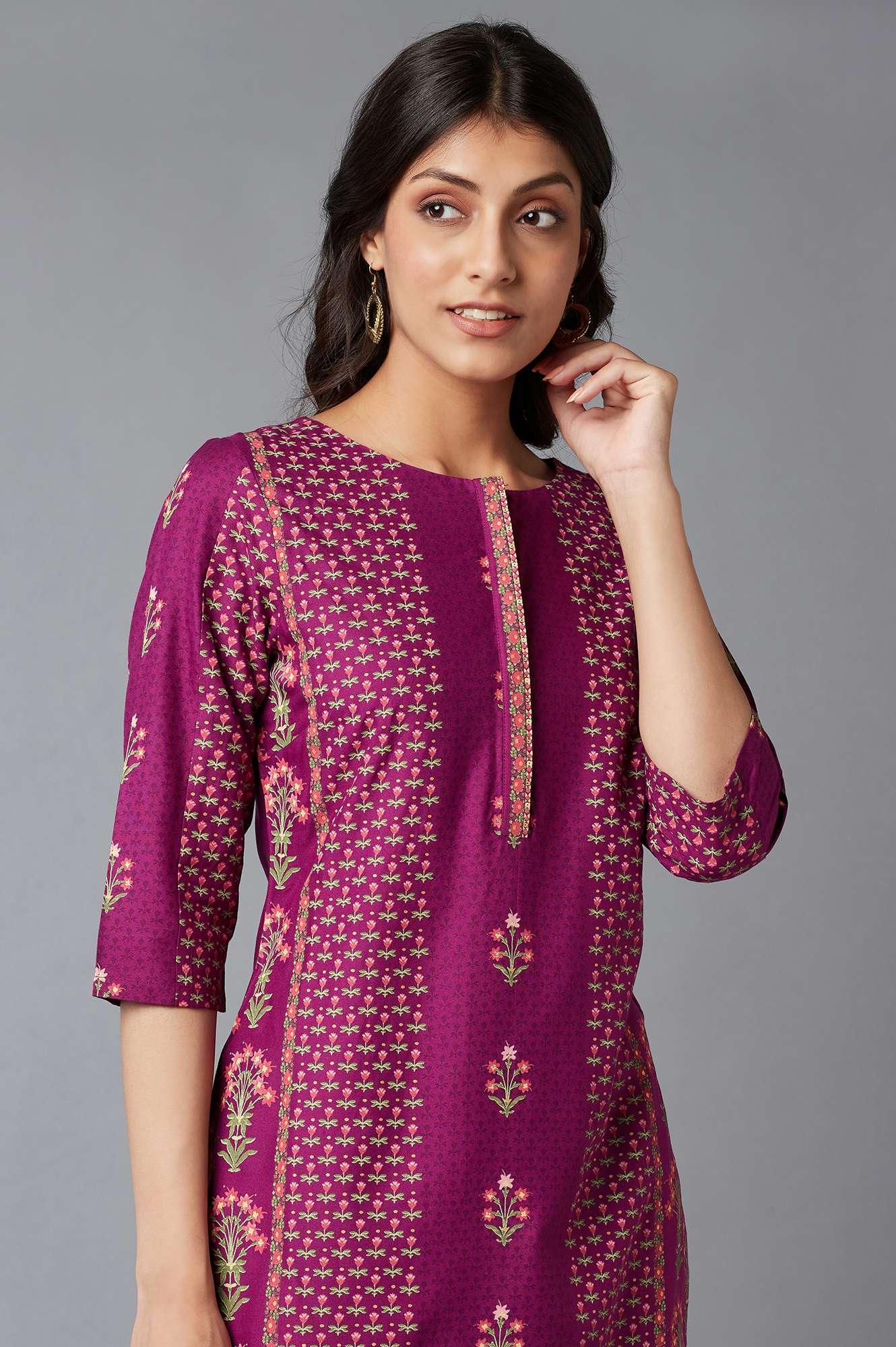 Dark Purple Floral Print kurta With Thread Embroidery - Image 5
