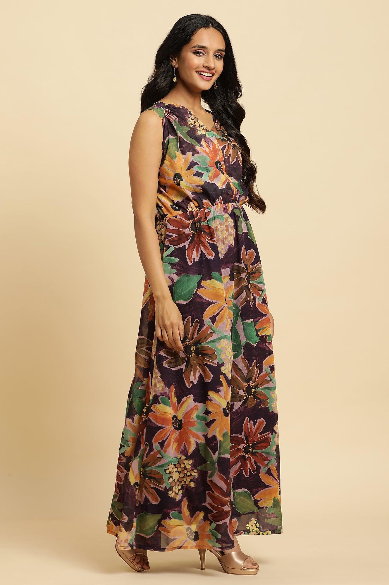 Dark Purple Floral Printed Vacay Dress - Image 5