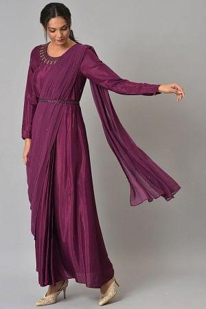 Dark Purple Hand Embroidered Predraped Insta Saree - Image 3