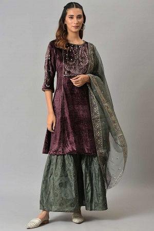 Dark Purple Velvet kurta With Grey Sharara And Dupatta