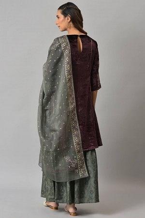 Dark Purple Velvet kurta With Grey Sharara And Dupatta - Image 2
