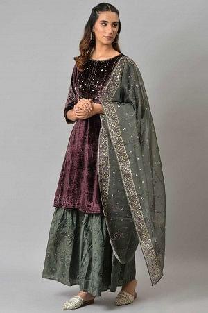 Dark Purple Velvet kurta With Grey Sharara And Dupatta - Image 3