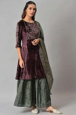 Dark Purple Velvet kurta With Grey Sharara And Dupatta - Image 4