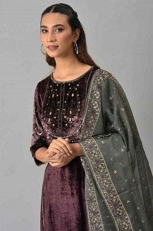 Dark Purple Velvet kurta With Grey Sharara And Dupatta - Image 5