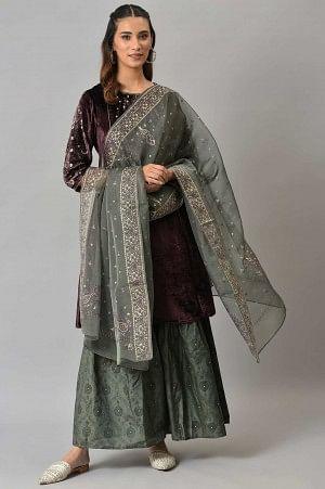 Dark Purple Velvet kurta With Grey Sharara And Dupatta - Image 9