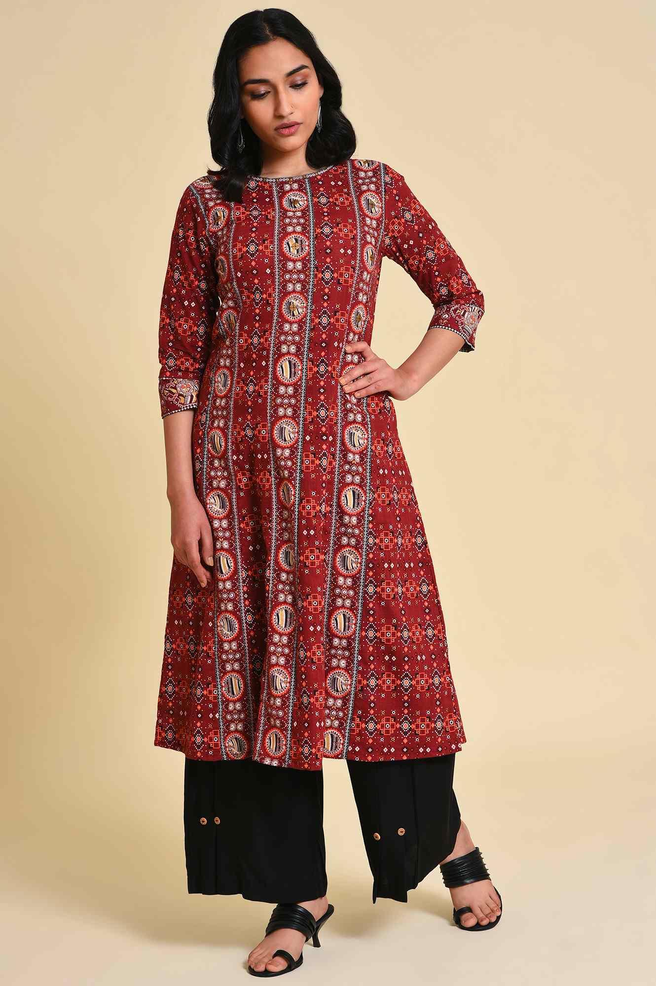 Dark Red A-Line Printed Plus Size kurta - Image 6