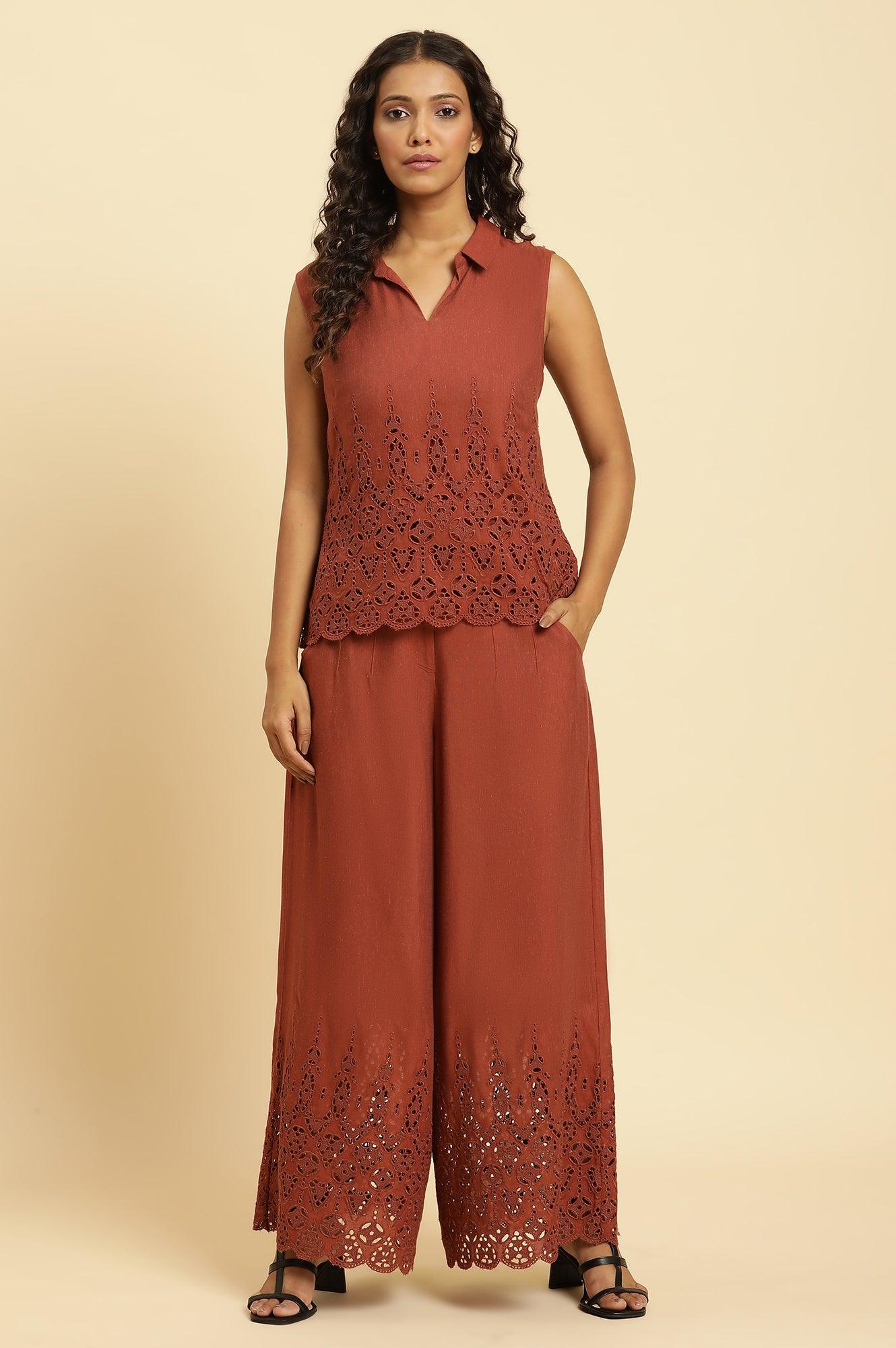 Dark Red Cotton Schiffli Top And Pants Co-Ord Set - Image 2