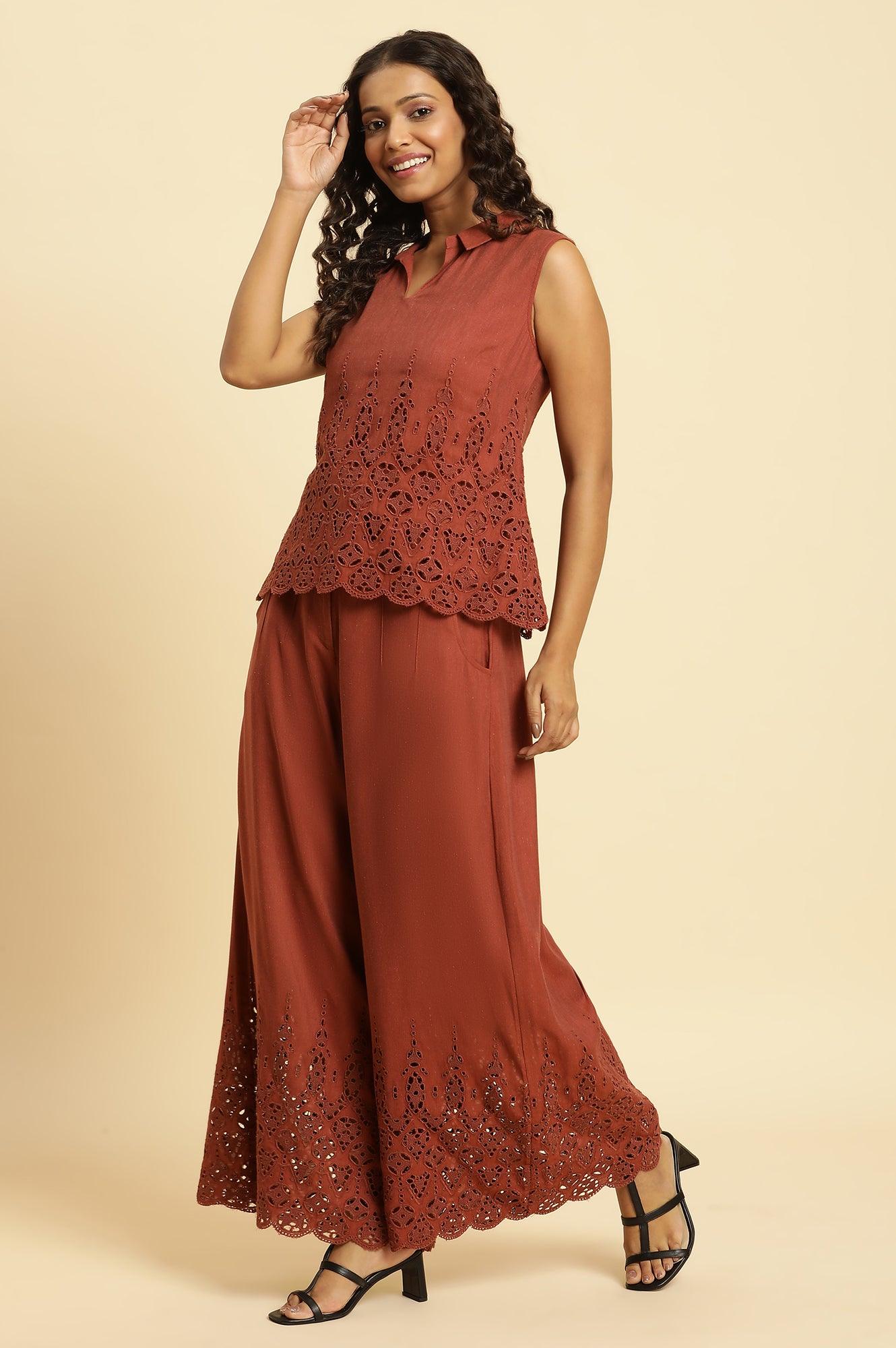 Dark Red Cotton Schiffli Top And Pants Co-Ord Set - Image 3