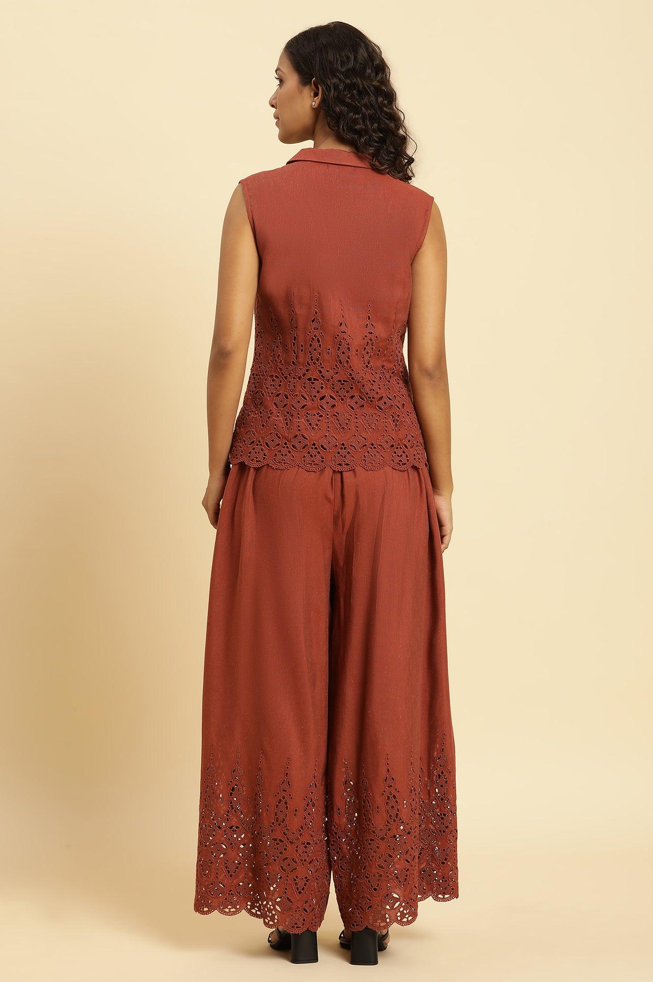 Dark Red Cotton Schiffli Top And Pants Co-Ord Set - Image 4
