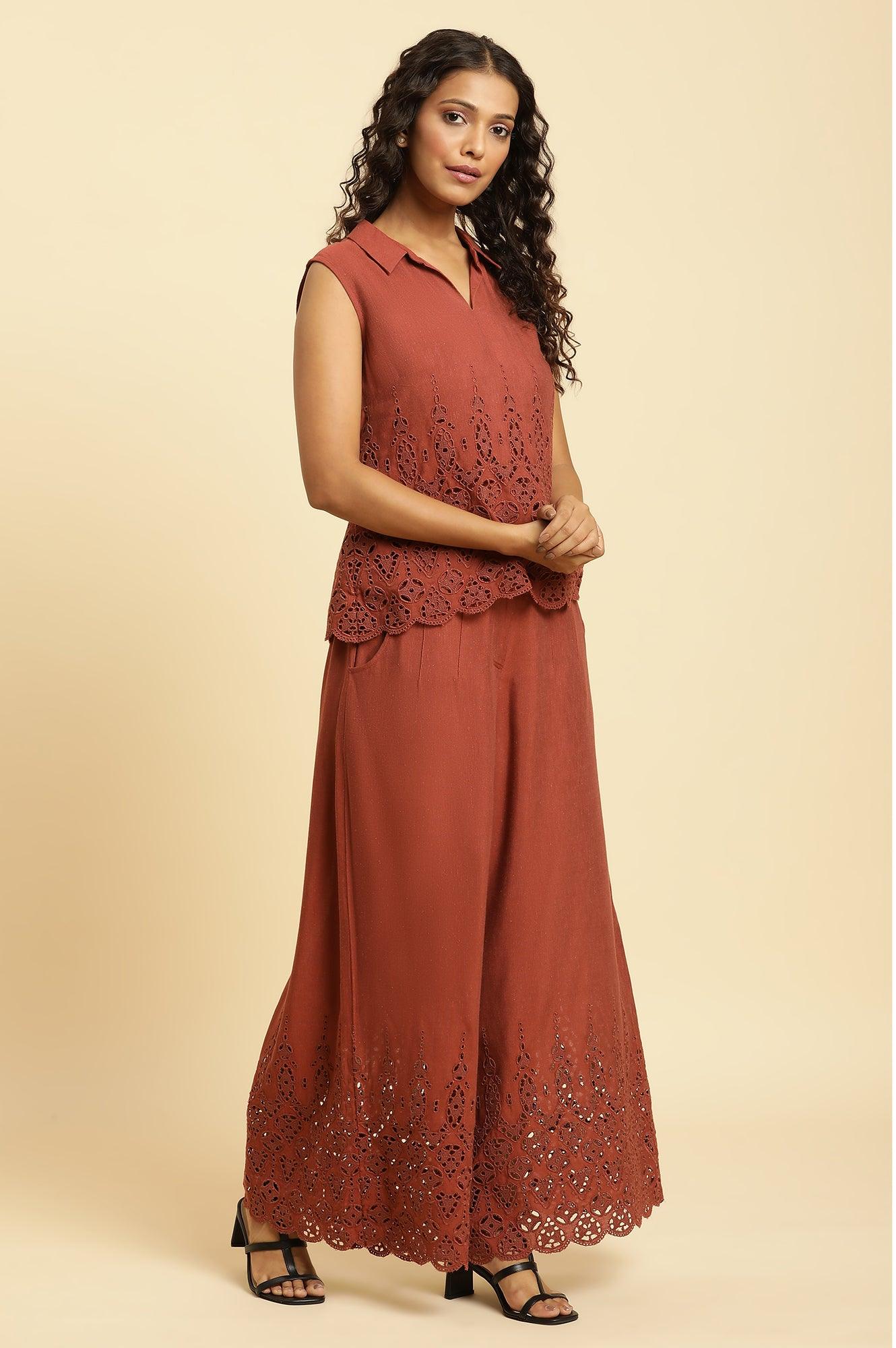 Dark Red Cotton Schiffli Top And Pants Co-Ord Set - Image 5