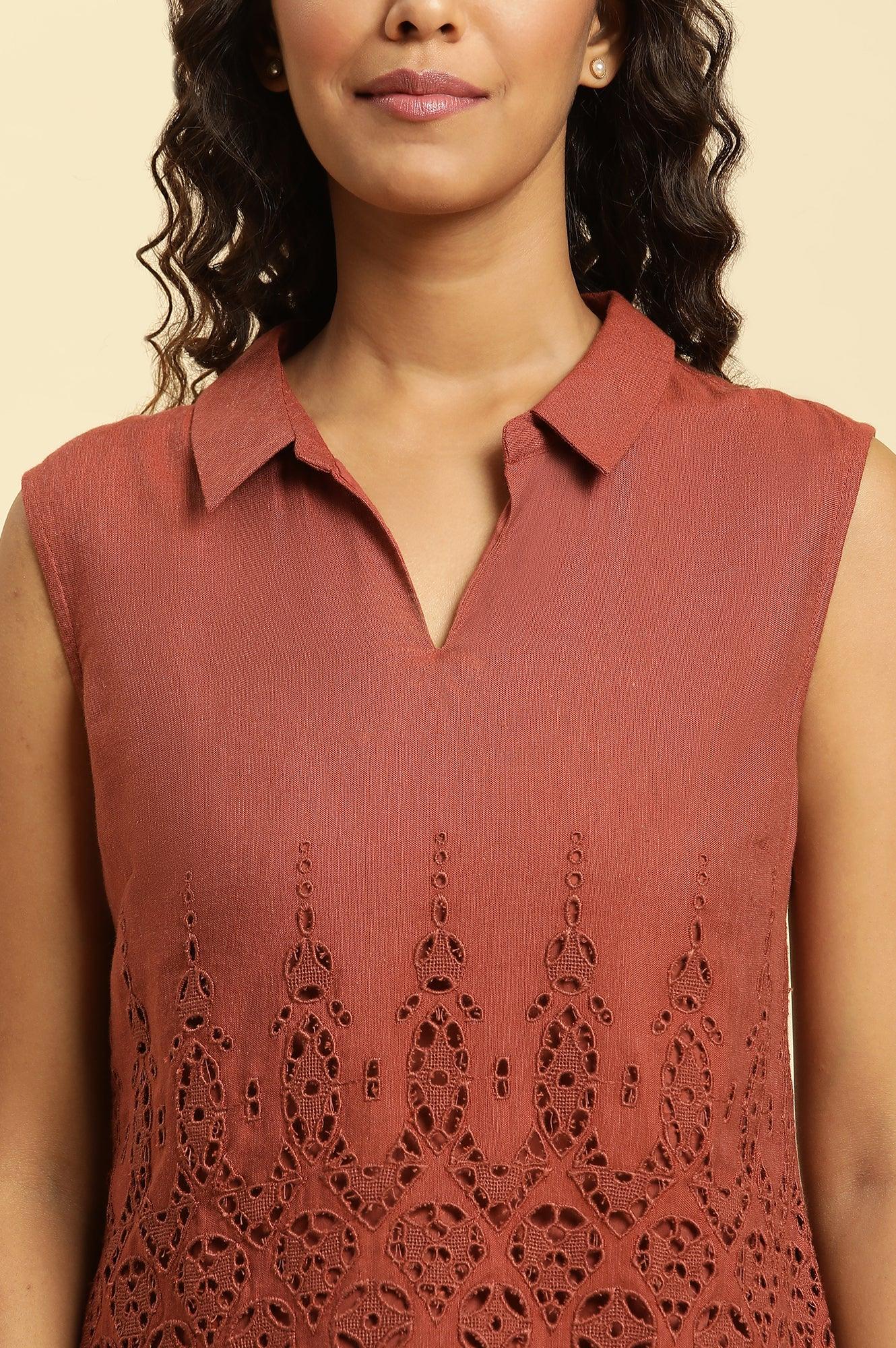 Dark Red Cotton Schiffli Top And Pants Co-Ord Set - Image 6