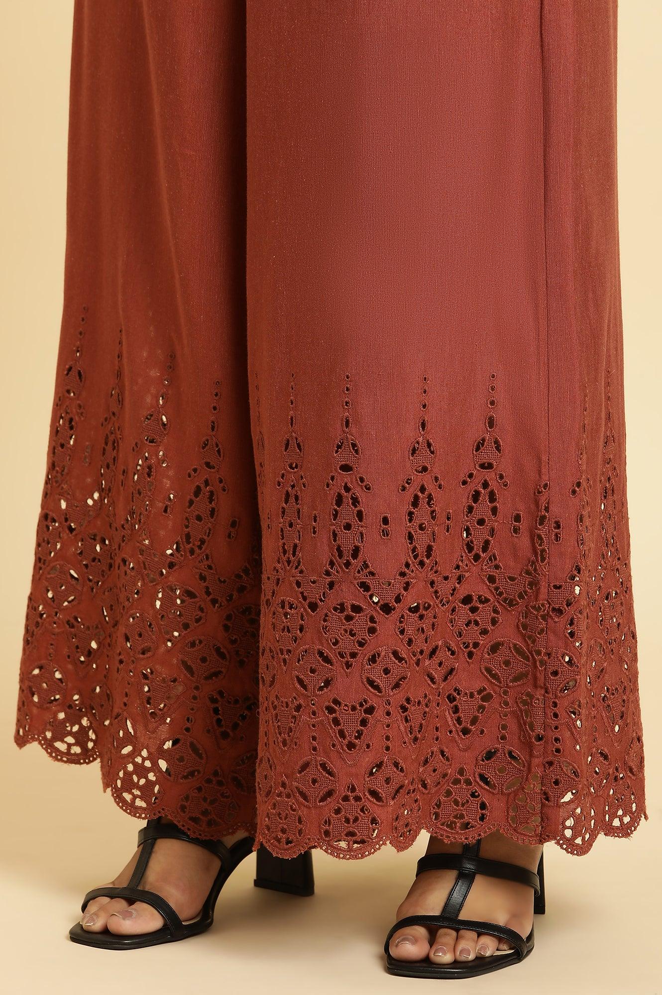 Dark Red Cotton Schiffli Top And Pants Co-Ord Set - Image 9