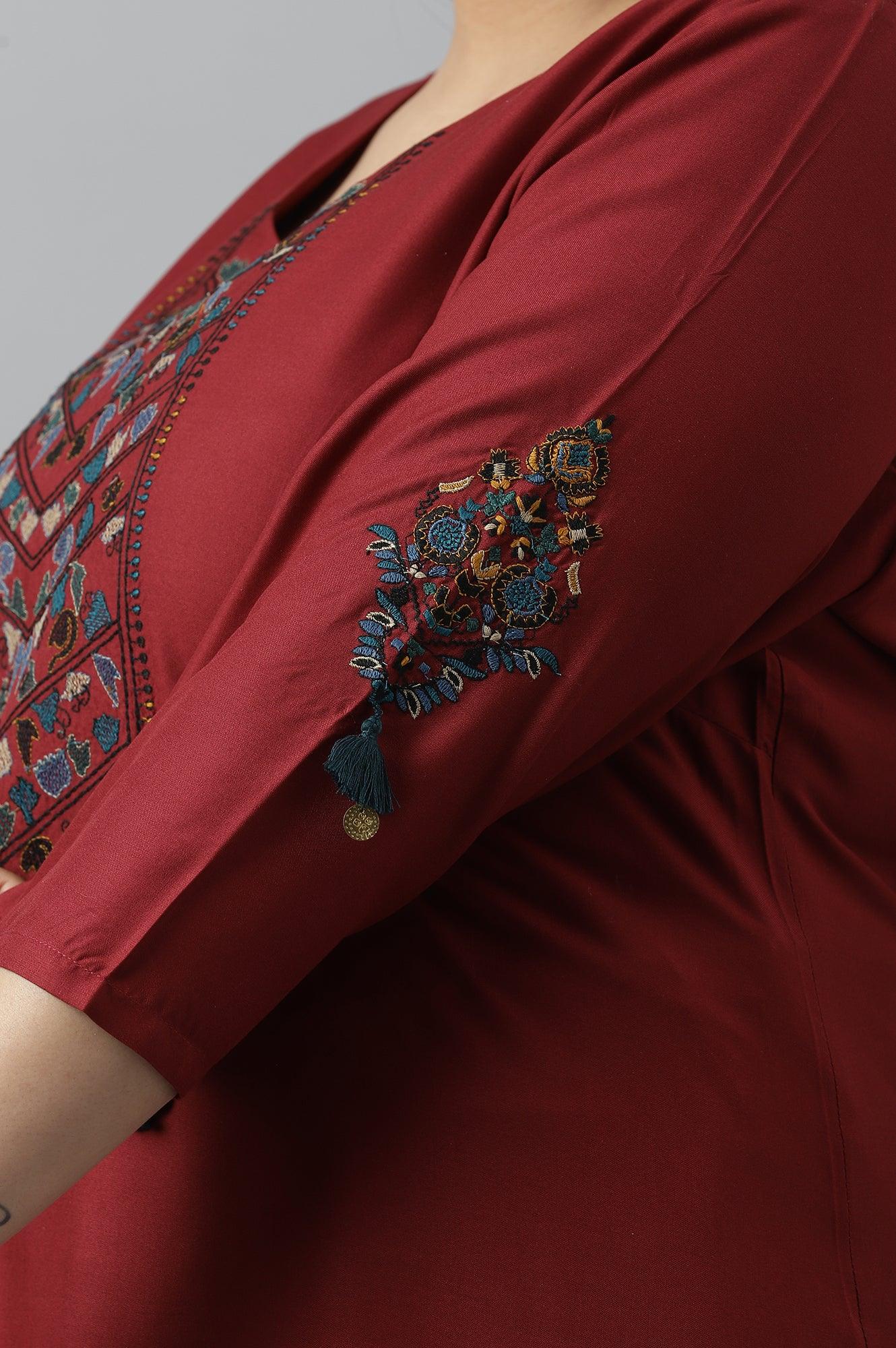 Dark Red Embroidered Plus Size kurta - Image 10