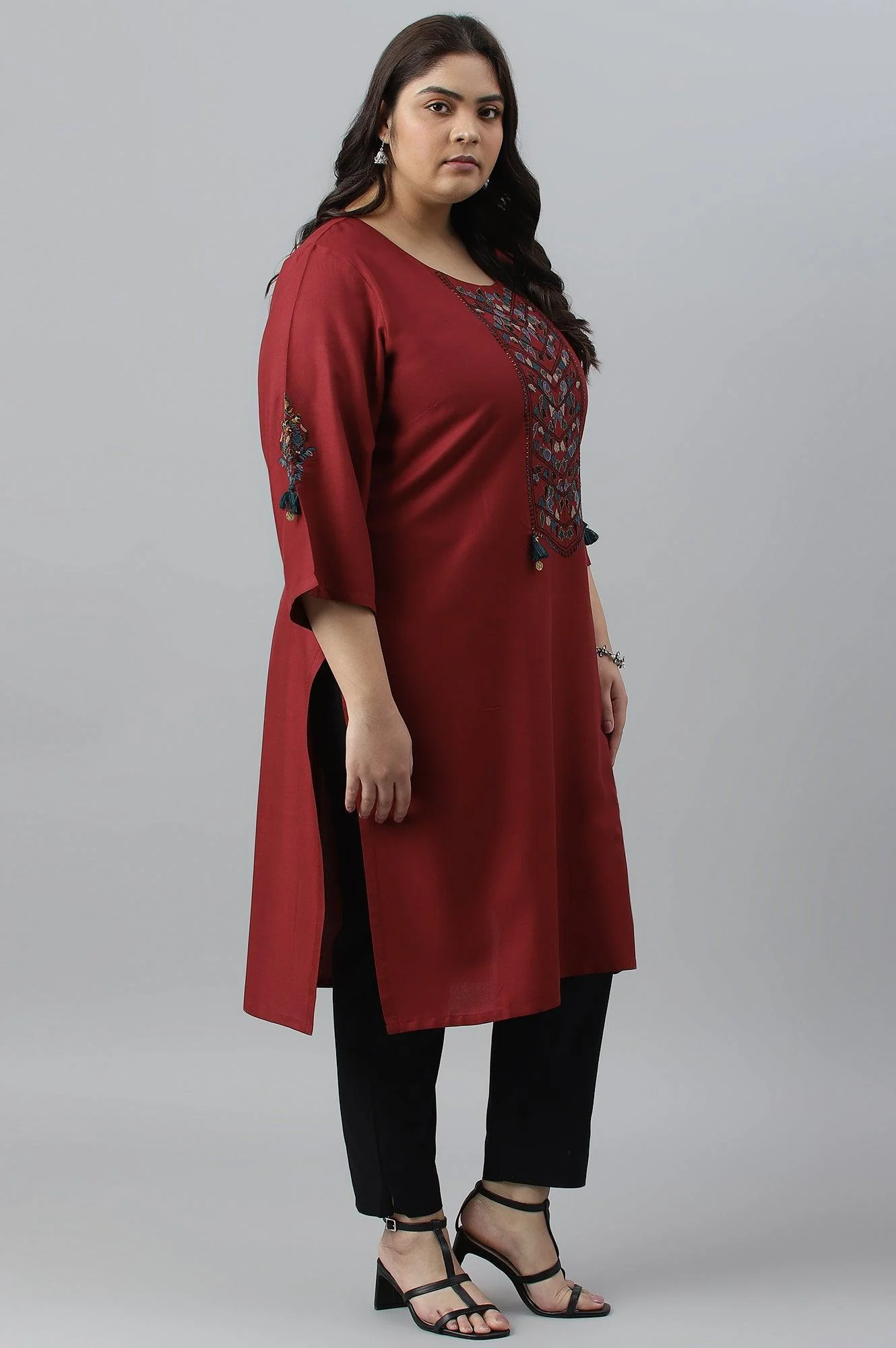 Dark Red Embroidered Plus Size kurta - Image 3