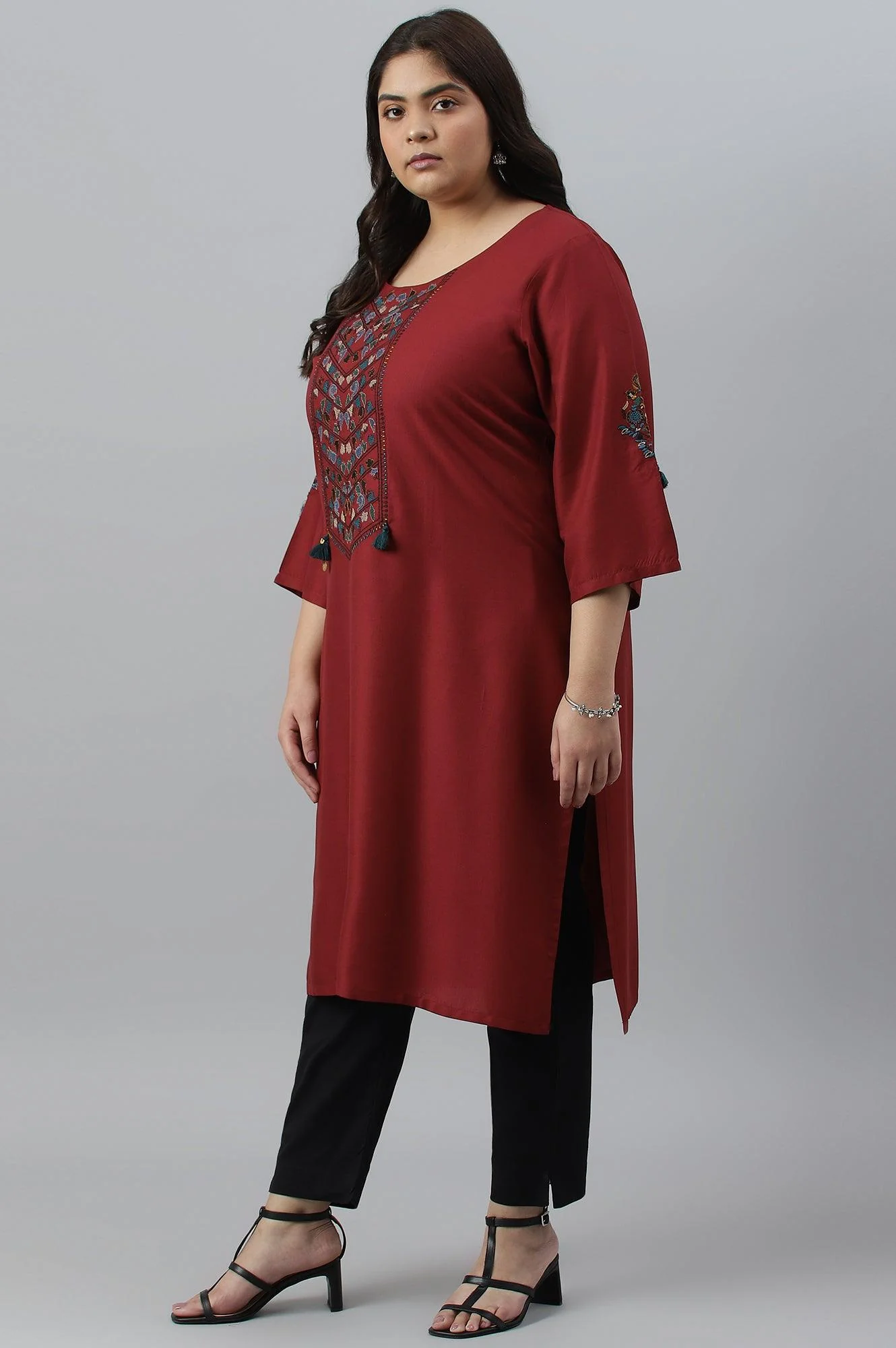 Dark Red Embroidered Plus Size kurta - Image 4