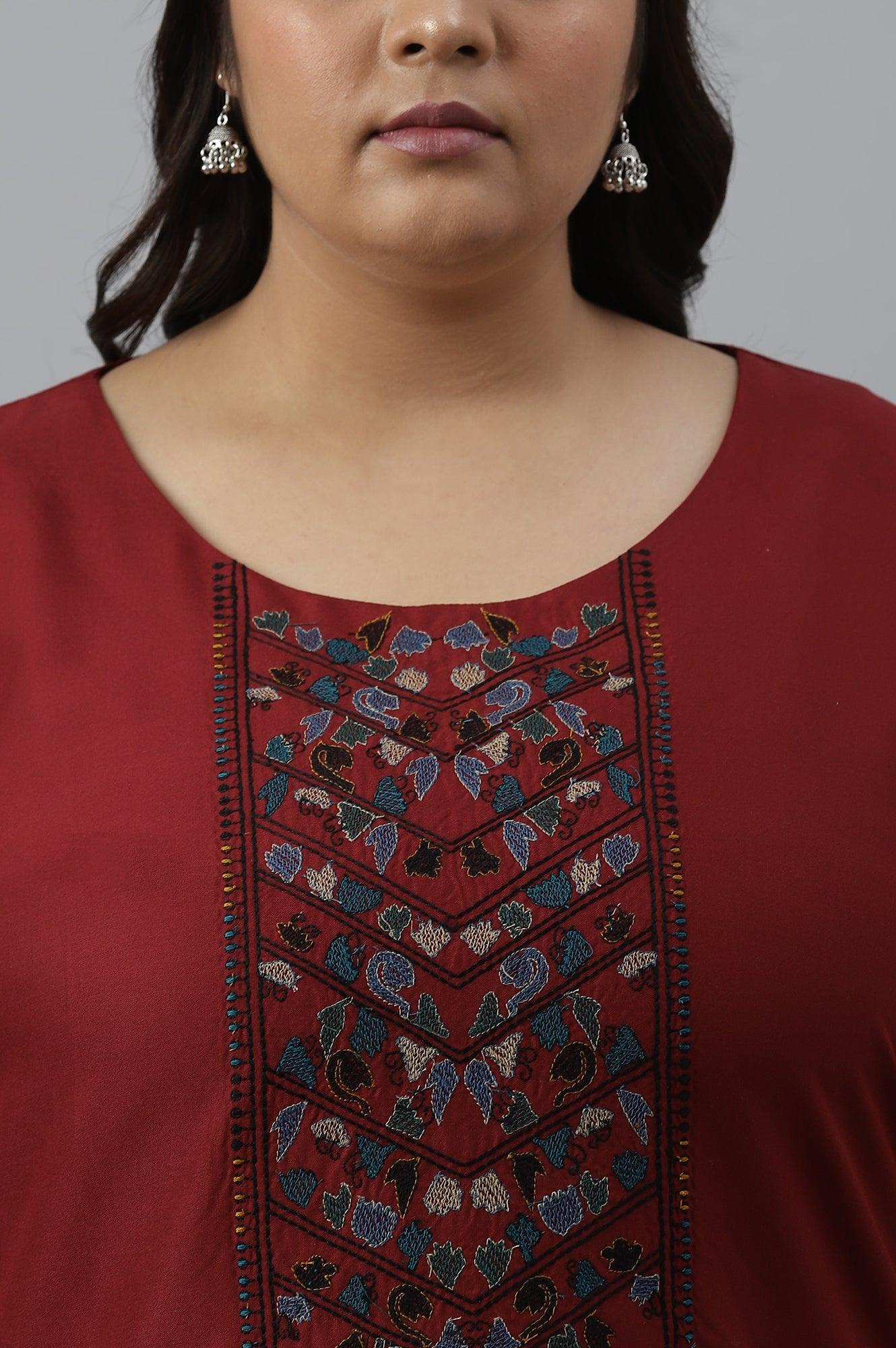 Dark Red Embroidered Plus Size kurta - Image 5