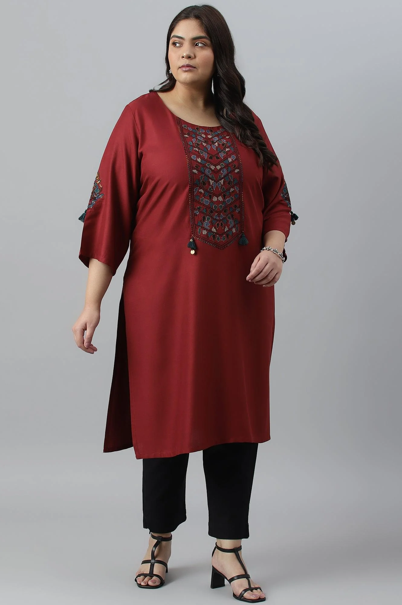 Dark Red Embroidered Plus Size kurta - Image 6