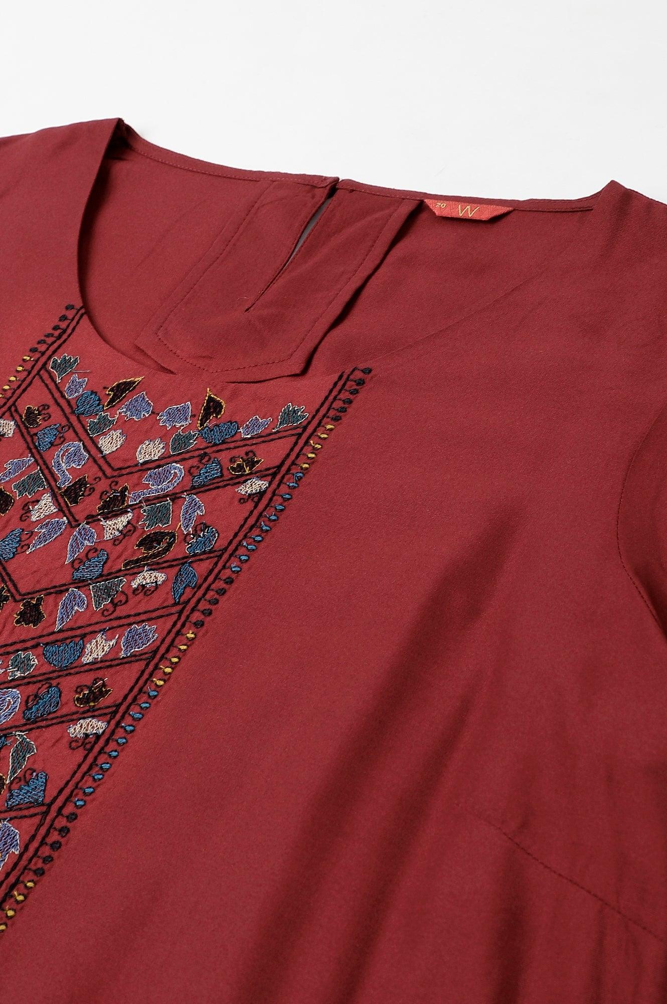 Dark Red Embroidered Plus Size kurta - Image 7