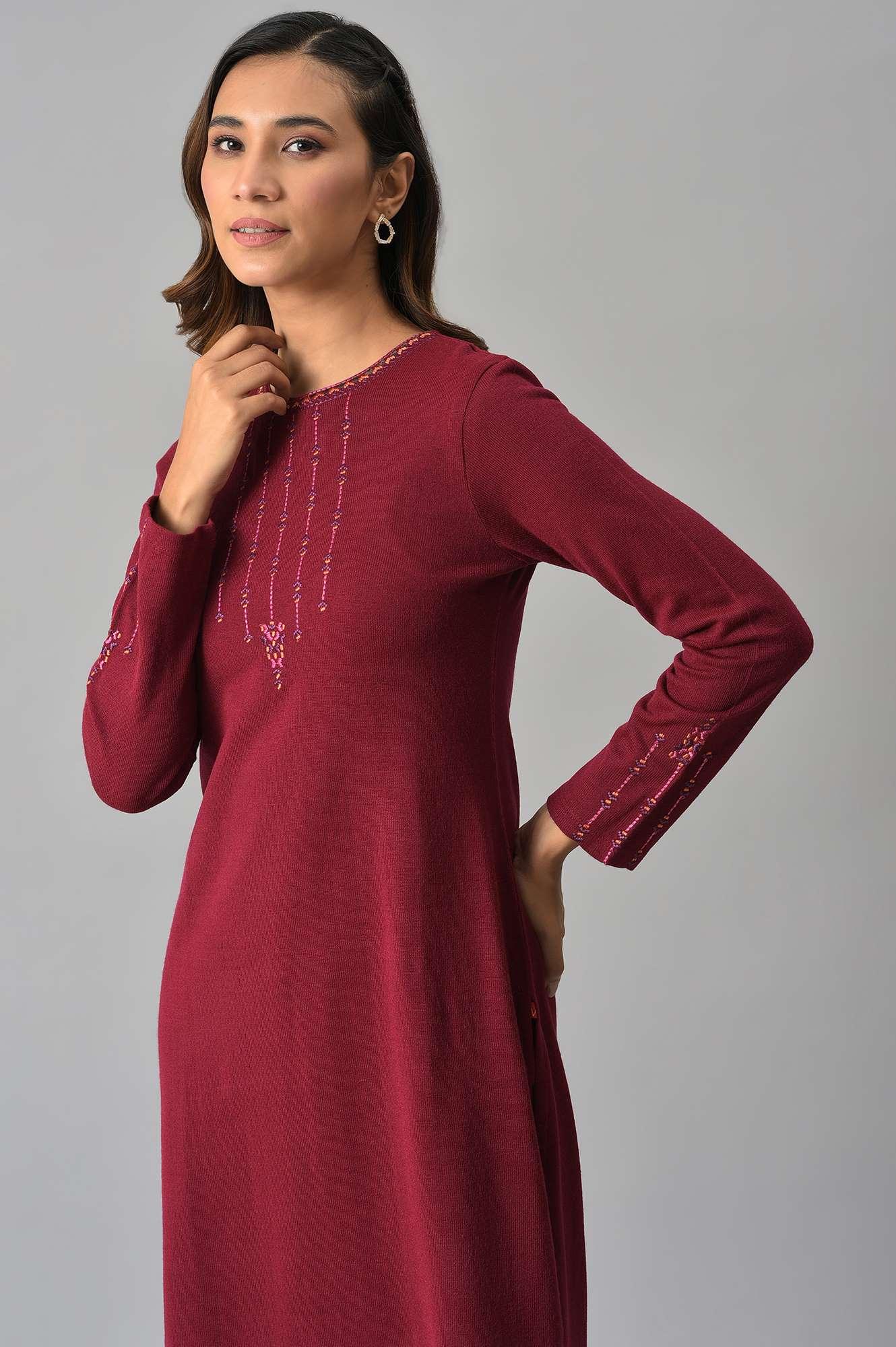 Dark Red Embroidered Winter kurta - Image 6
