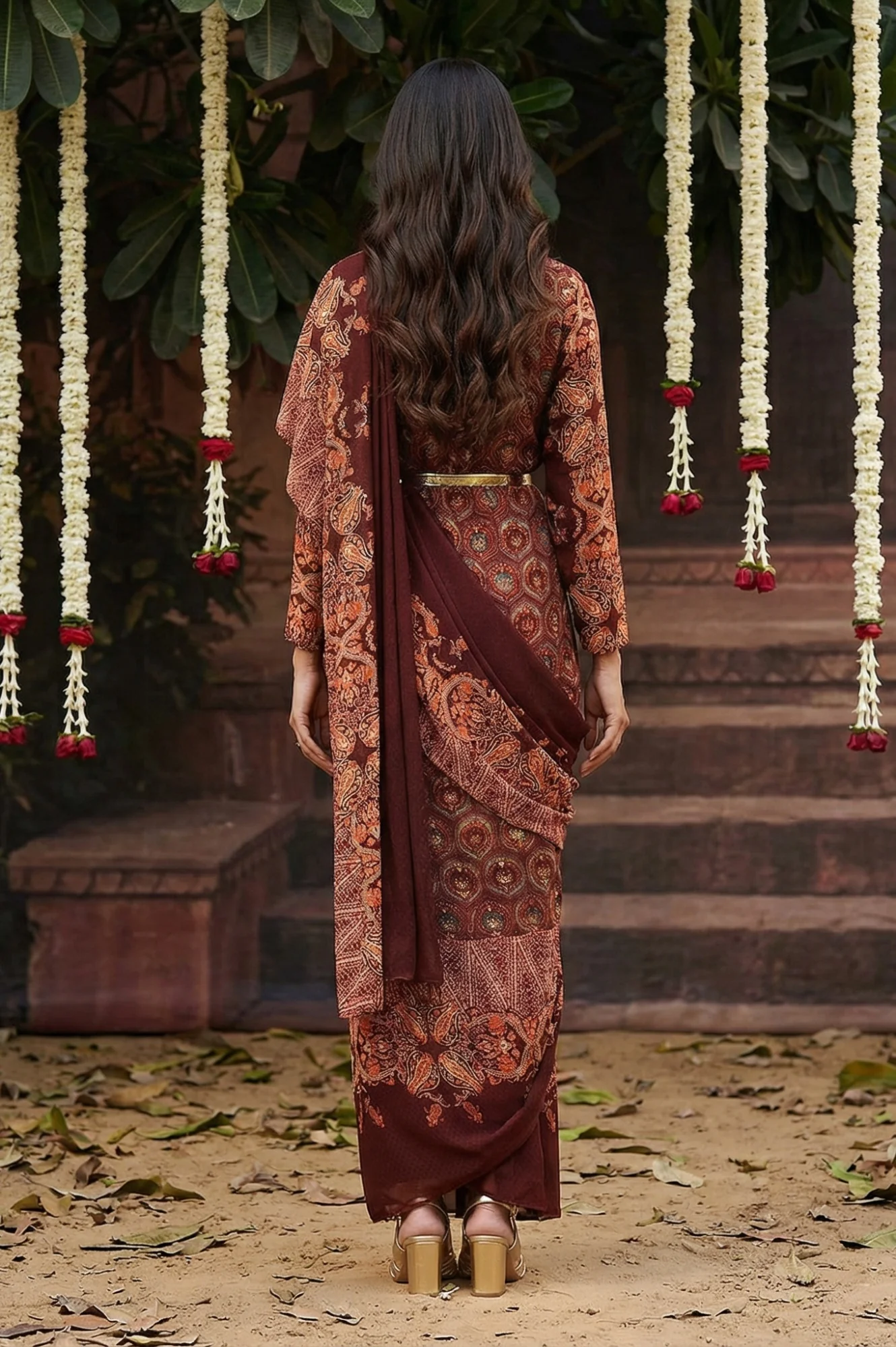 Dark Red Festive Predrape Saree - Image 4