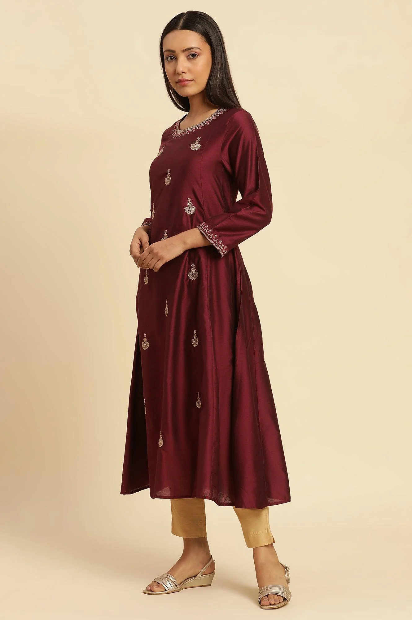 Dark Red Flared Embroidered Kurta - Image 3