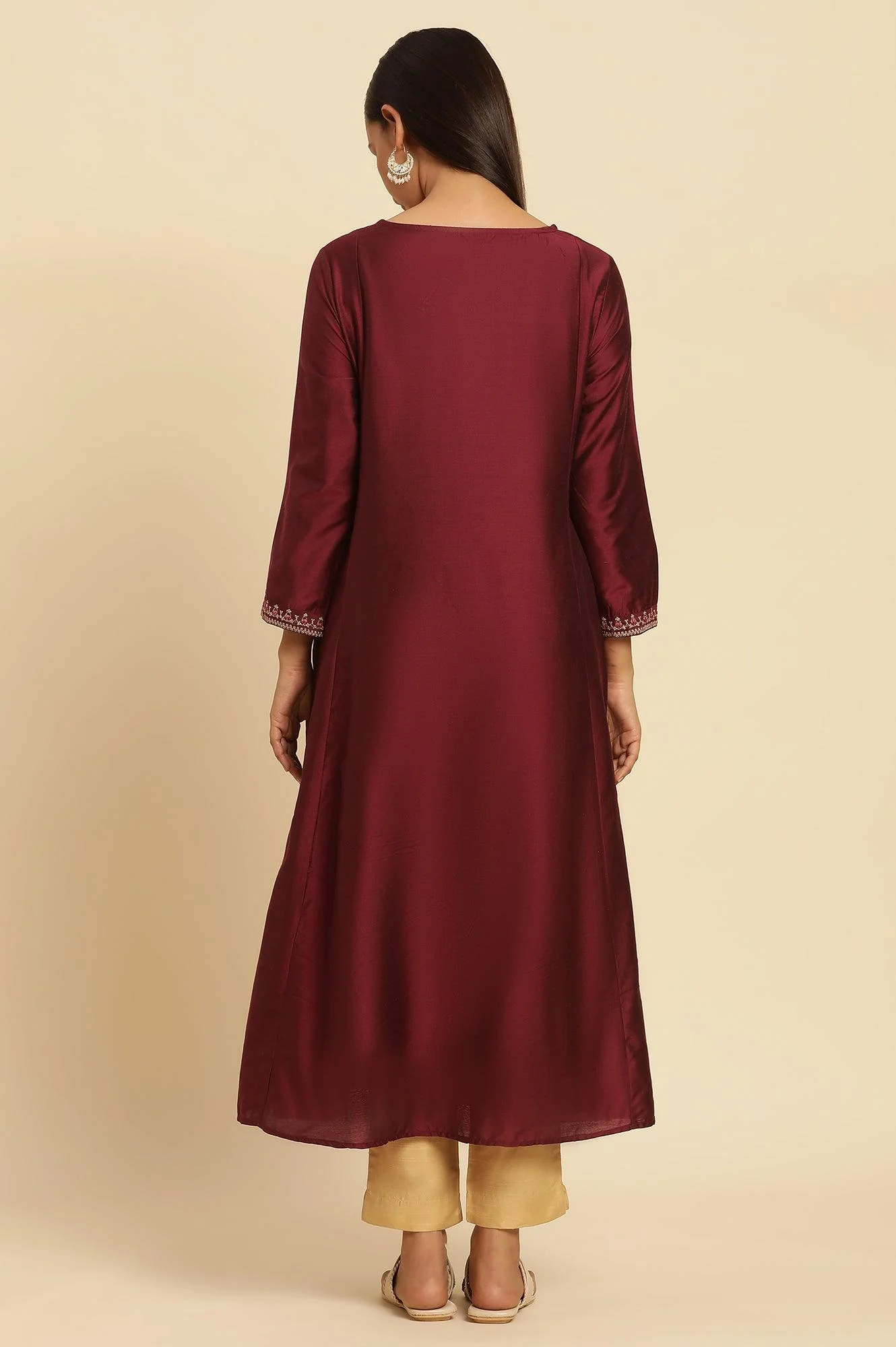 Dark Red Flared Embroidered Kurta - Image 4