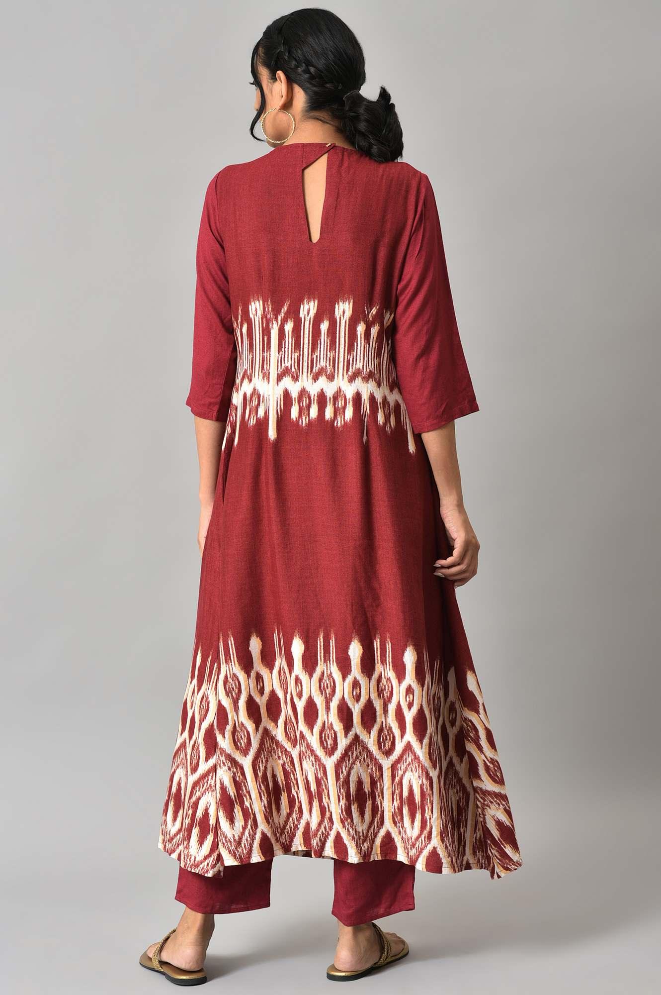 Dark Red Ikkat Print Front Pleat kurta with Straight Pants Co-ord Set - Image 2