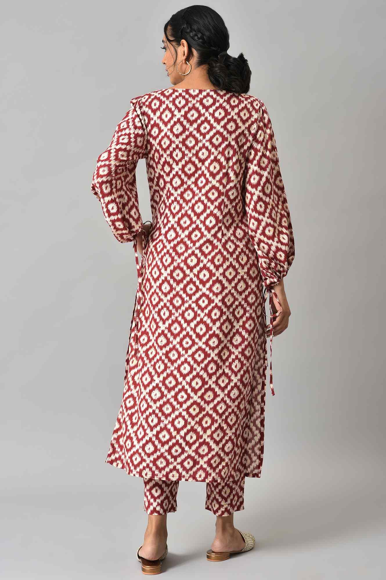 Dark Red Ikkat Print kurta with Slim Pants Co-ord Set - Image 2