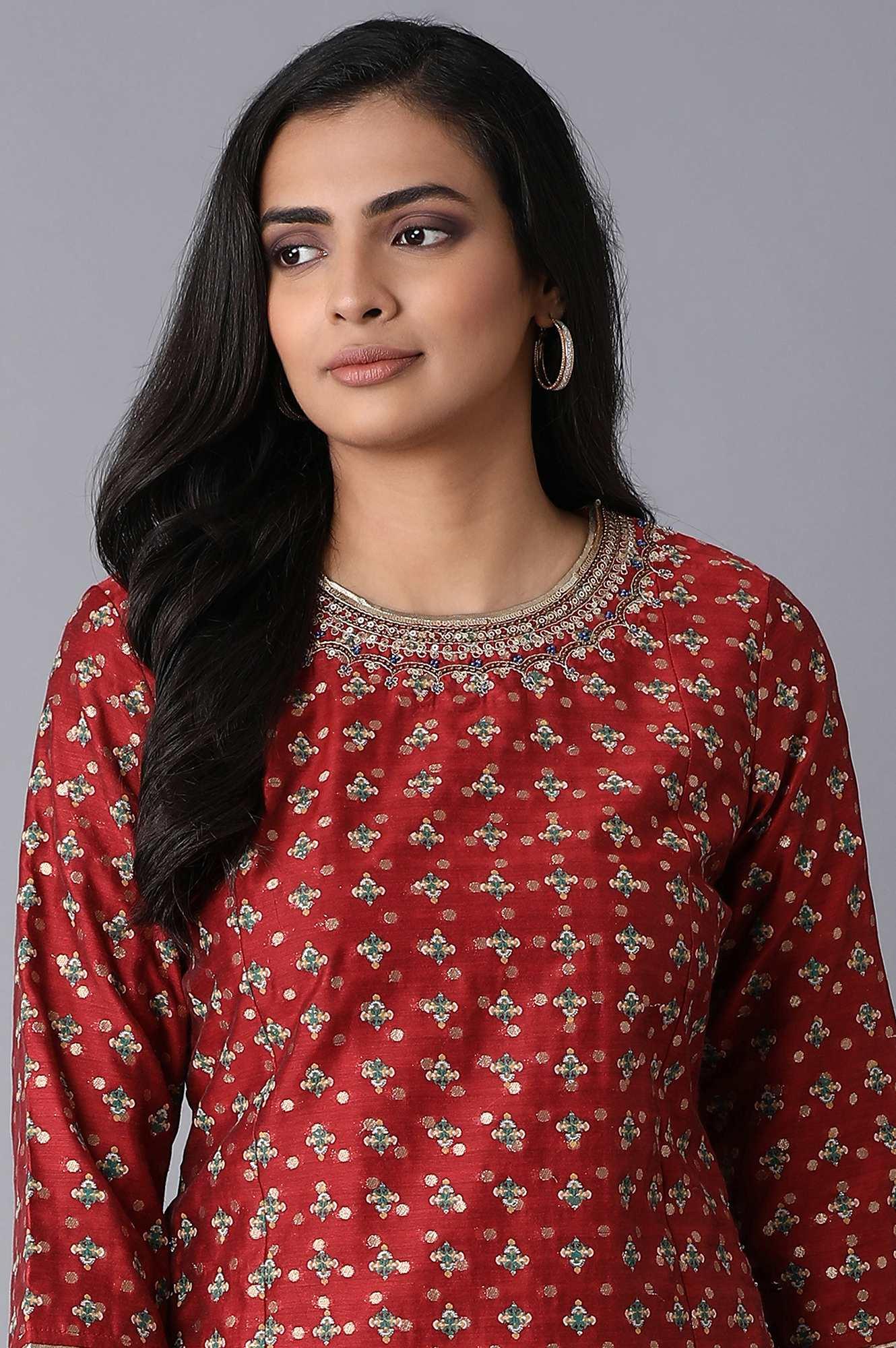 Dark Red Jacquard kurta - Image 5