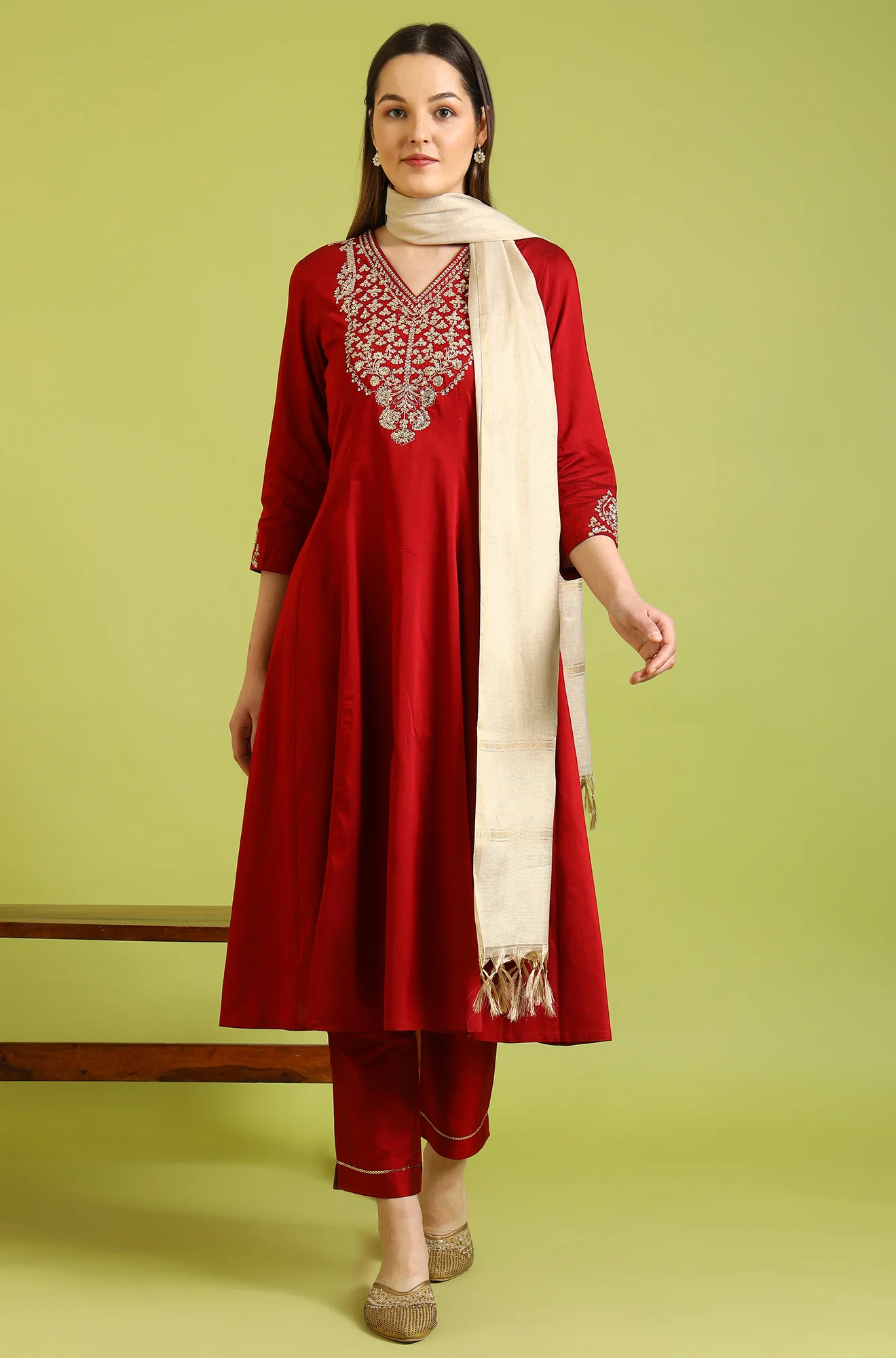 Dark Red Metallic Embroidered Anarkali Kurta, Pants and Dupatta Set - Image 2