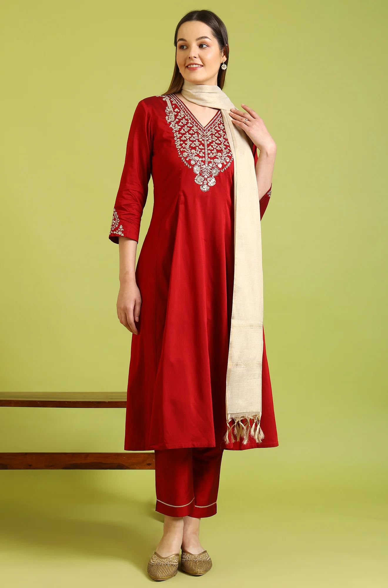 Dark Red Metallic Embroidered Anarkali Kurta, Pants and Dupatta Set - Image 3