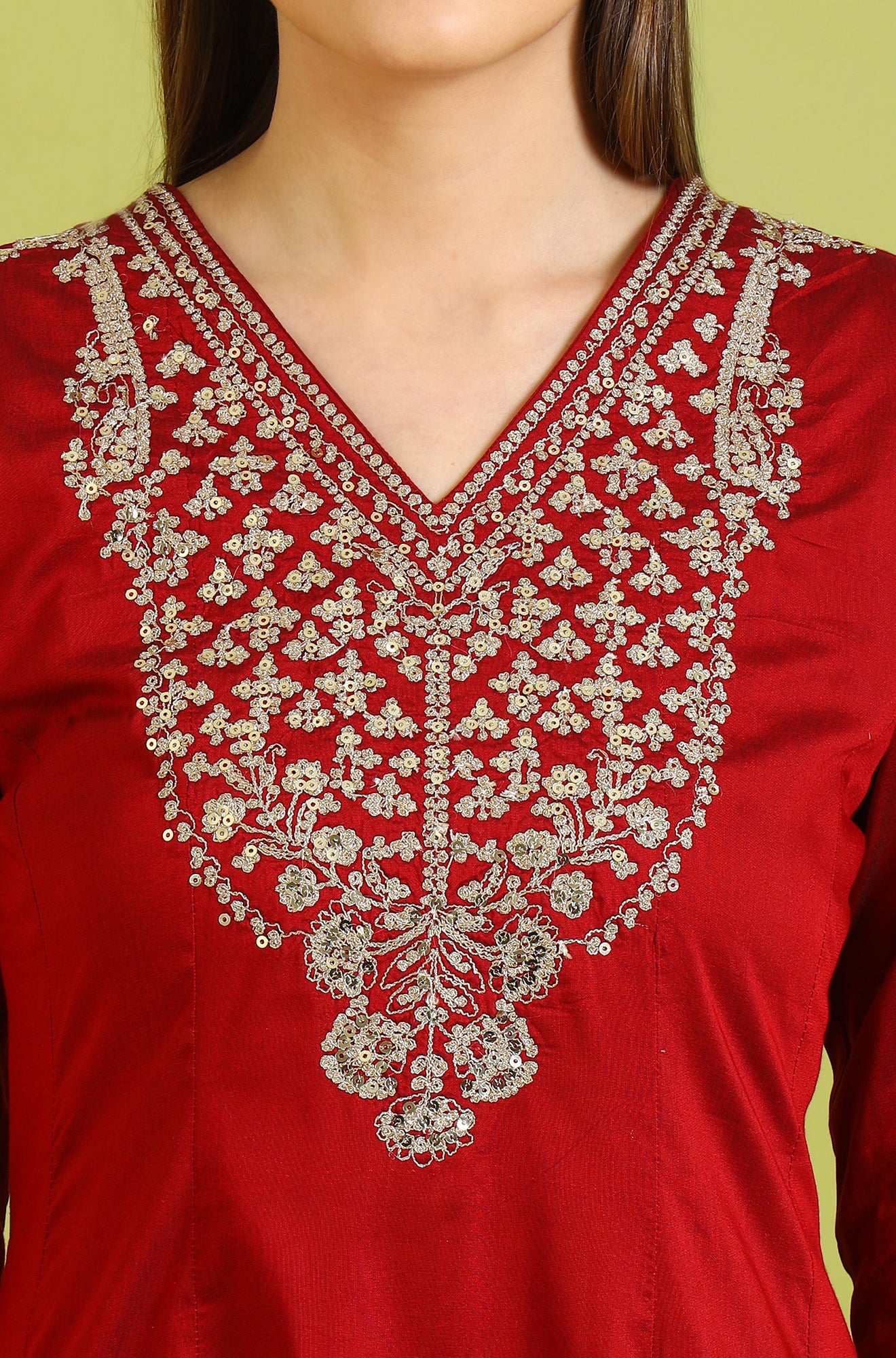 Dark Red Metallic Embroidered Anarkali Kurta, Pants and Dupatta Set - Image 4