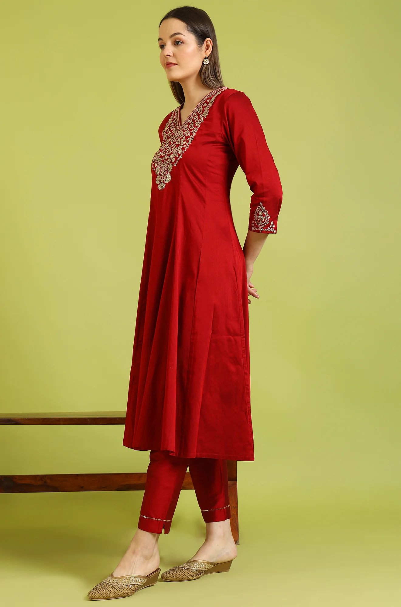 Dark Red Metallic Embroidered Anarkali Kurta, Pants and Dupatta Set - Image 5