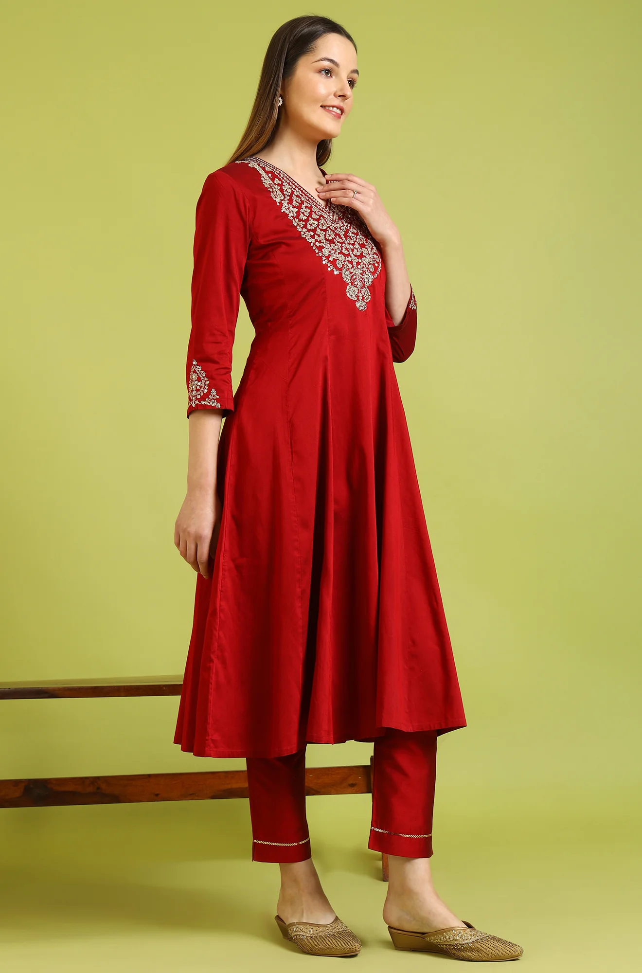 Dark Red Metallic Embroidered Anarkali Kurta, Pants and Dupatta Set - Image 7