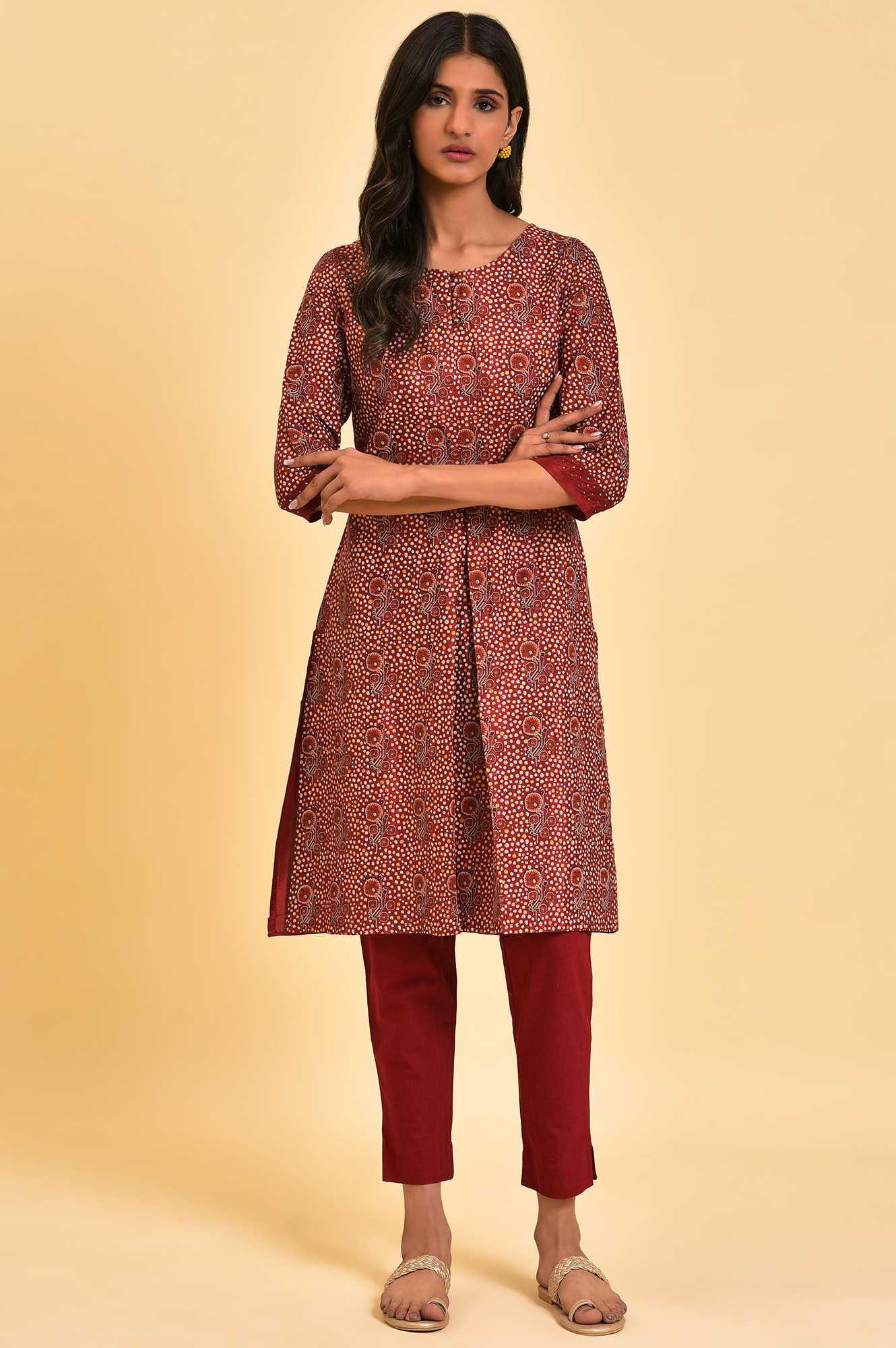 Dark Red Printed kurta With Front Pleat - Image 6