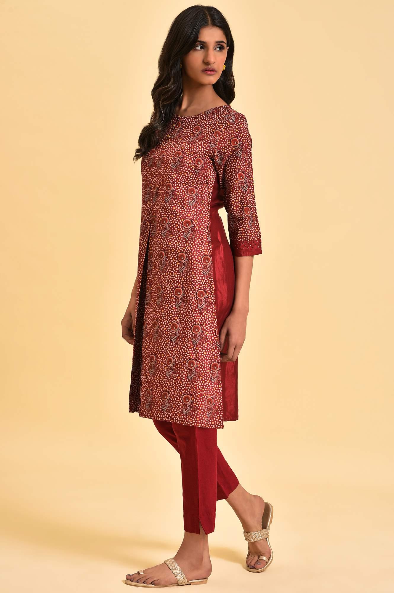 Dark Red Printed kurta With Front Pleat - Image 8