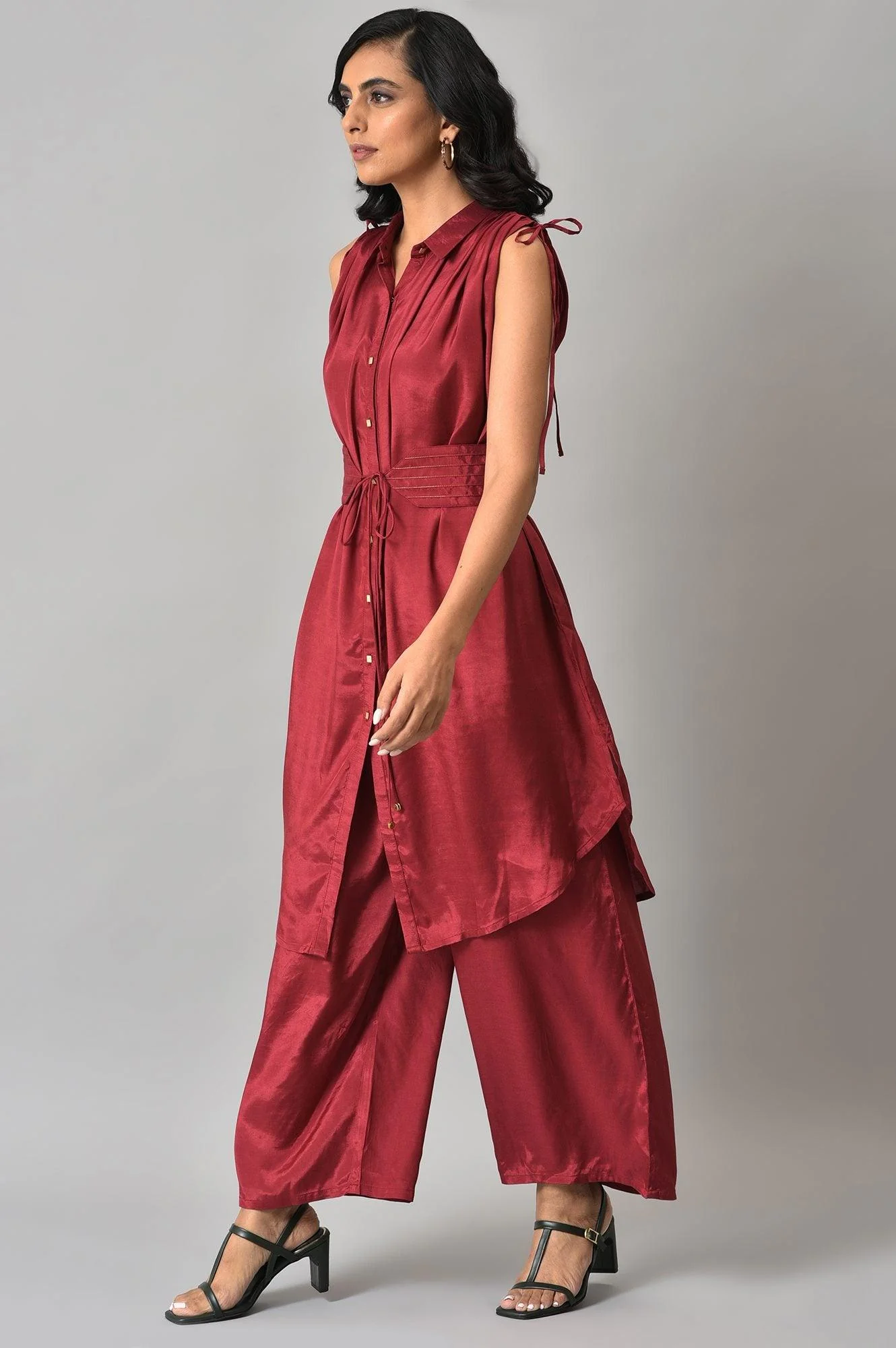 Dark Red Solid Shantung kurta with Parallel Pants Co-ord Set - Image 3