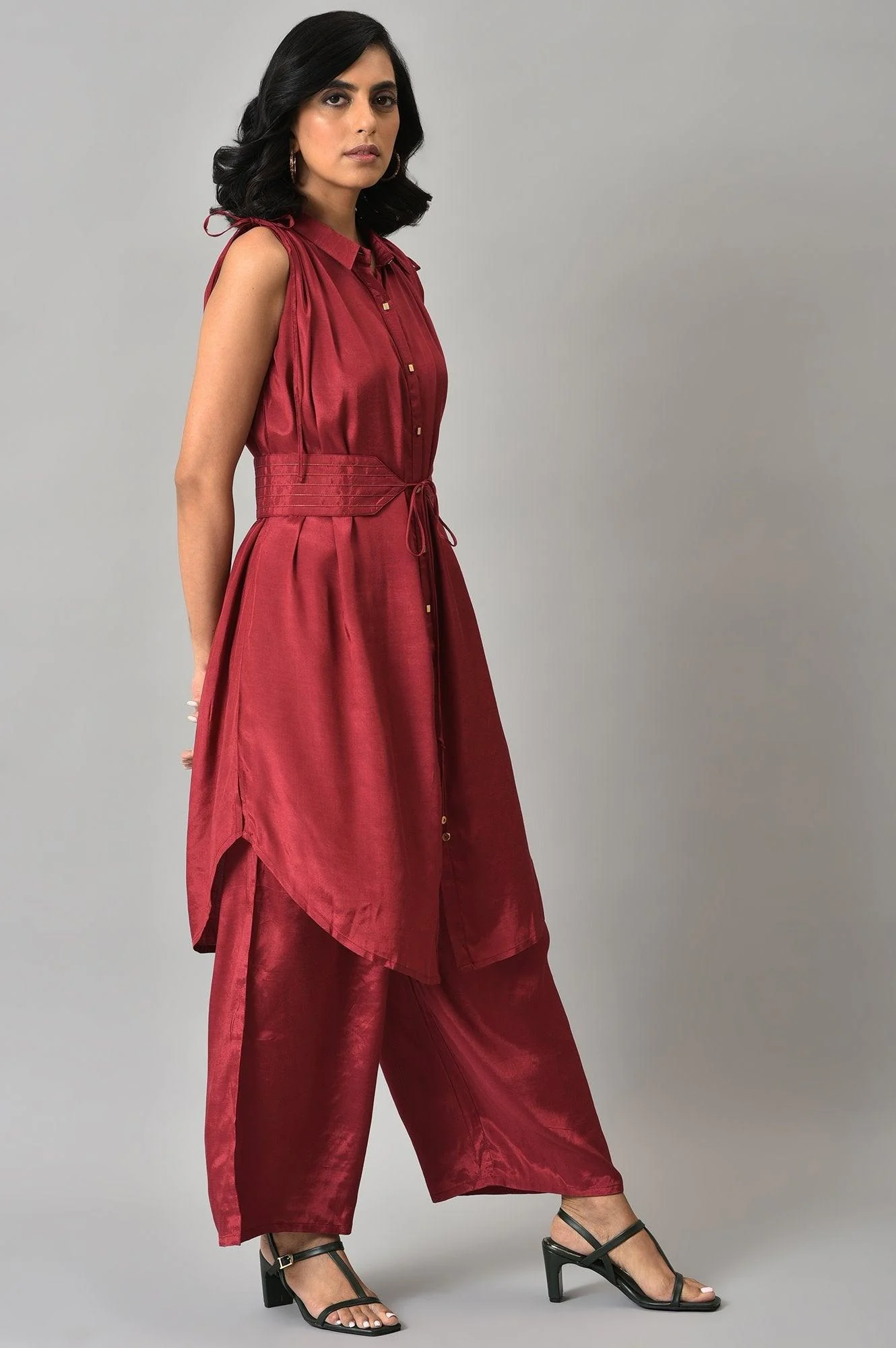 Dark Red Solid Shantung kurta with Parallel Pants Co-ord Set - Image 4