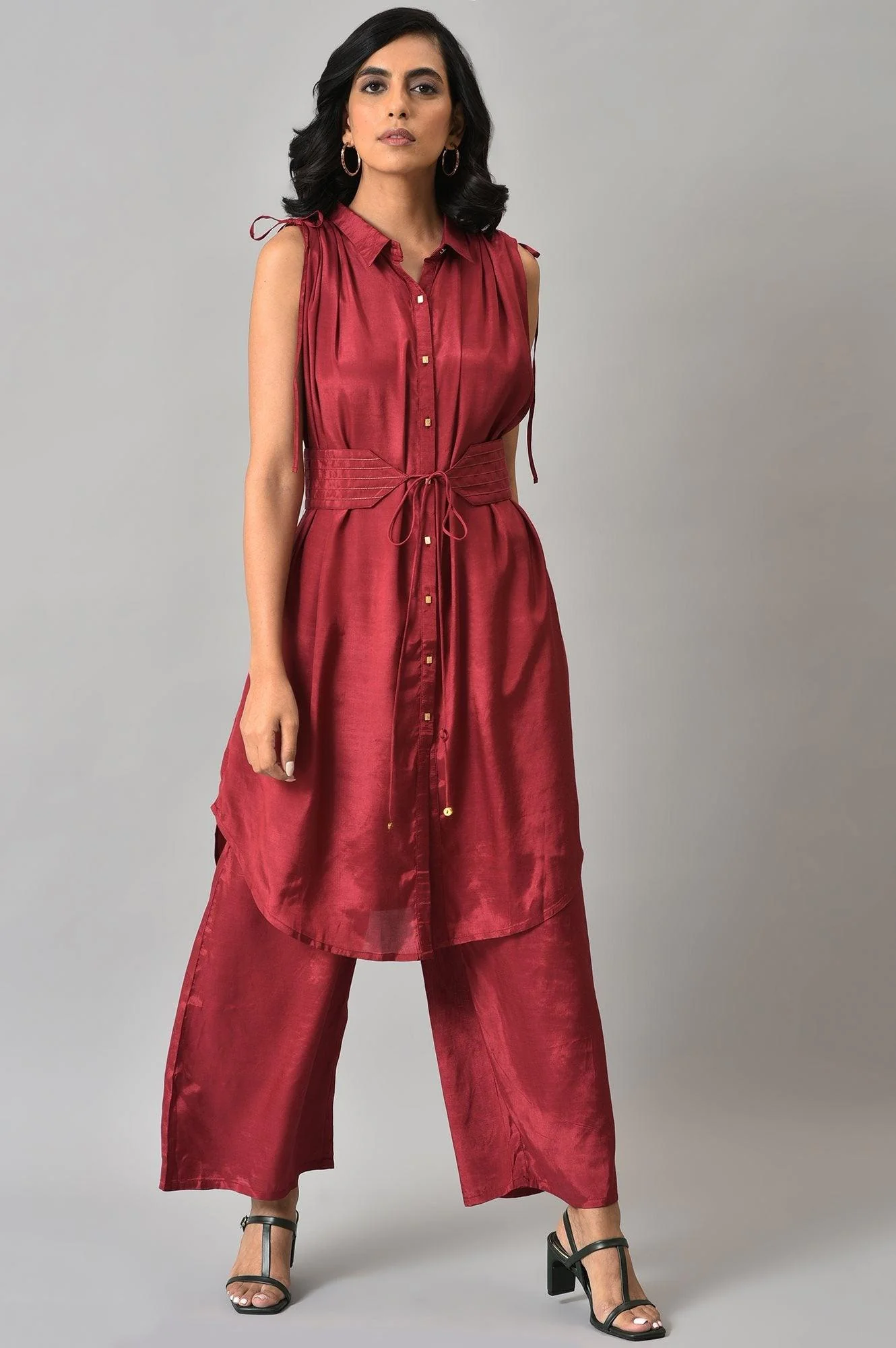 Dark Red Solid Shantung kurta with Parallel Pants Co-ord Set - Image 8