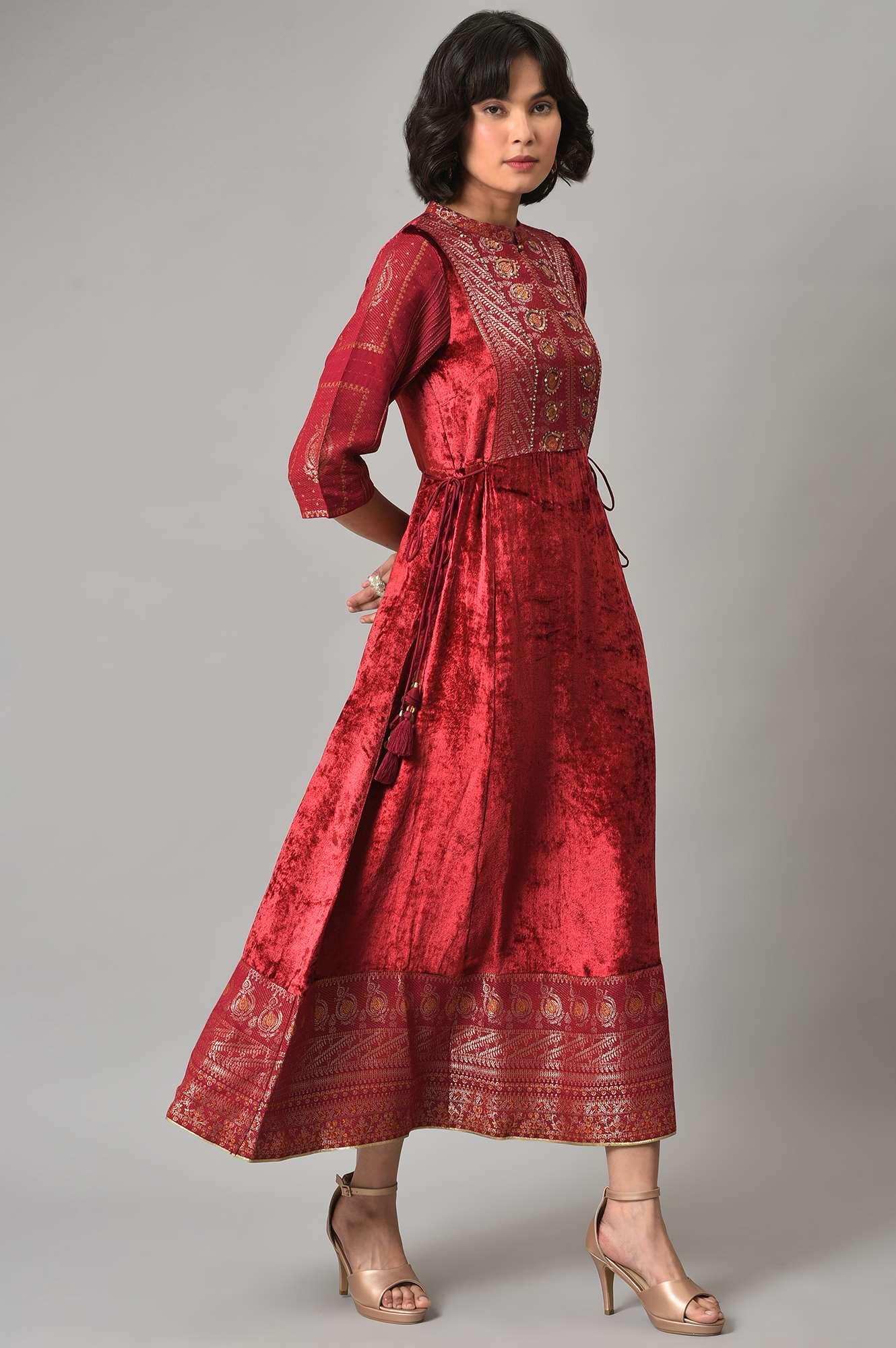 Dark Red Velvet Festive Dress With Sequin Work - Image 4