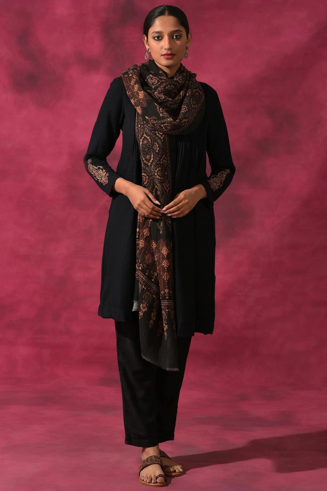 Dark Red Woollen Printed Shawl - Image 2